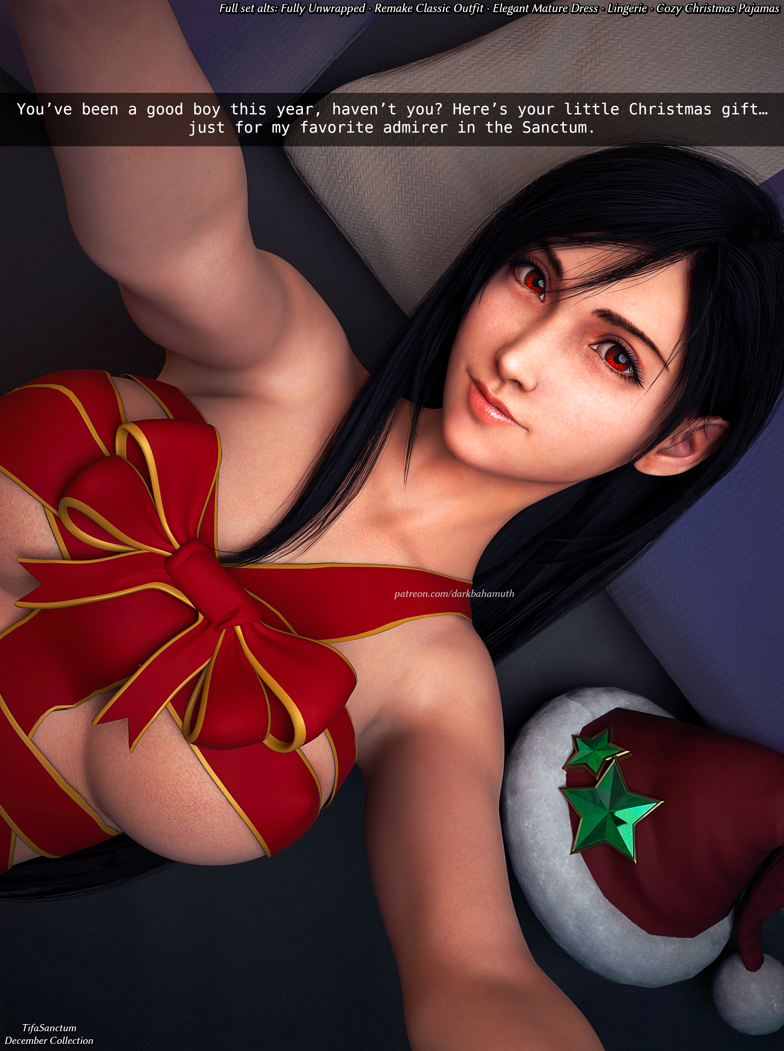3d, 3d (artwork), big breasts, breasts, christmas, christmas outfit, darkbahamuth, female, final fantasy, final fantasy vii, pinup, red eyes, selfie, tifa lockhart, wrapped