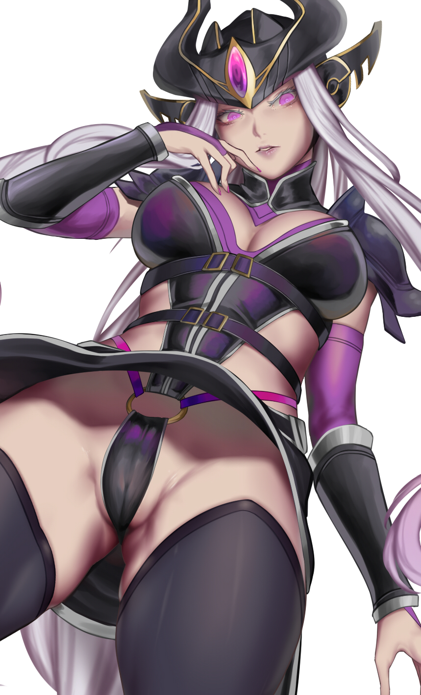 breasts, cameltoe, cleavage, female, female only, kumiko (aleron), league of legends, looking at viewer, pussy, solo, syndra, thighhighs