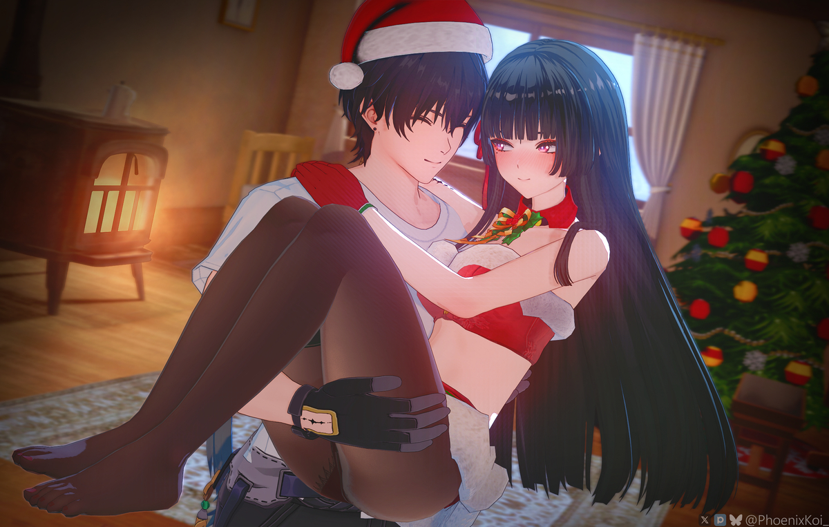 1boy, 1girls, 3d, black hair, blush, carrying, carrying partner, chisa (wuthering waves), christmas, christmas outfit, feet, male rover (wuthering waves), mostly clothed, pantyhose, phoenixkoi, red eyes, red toenails, rover (wuthering waves), santa hat, whitekoi, wholesome, wuthering waves