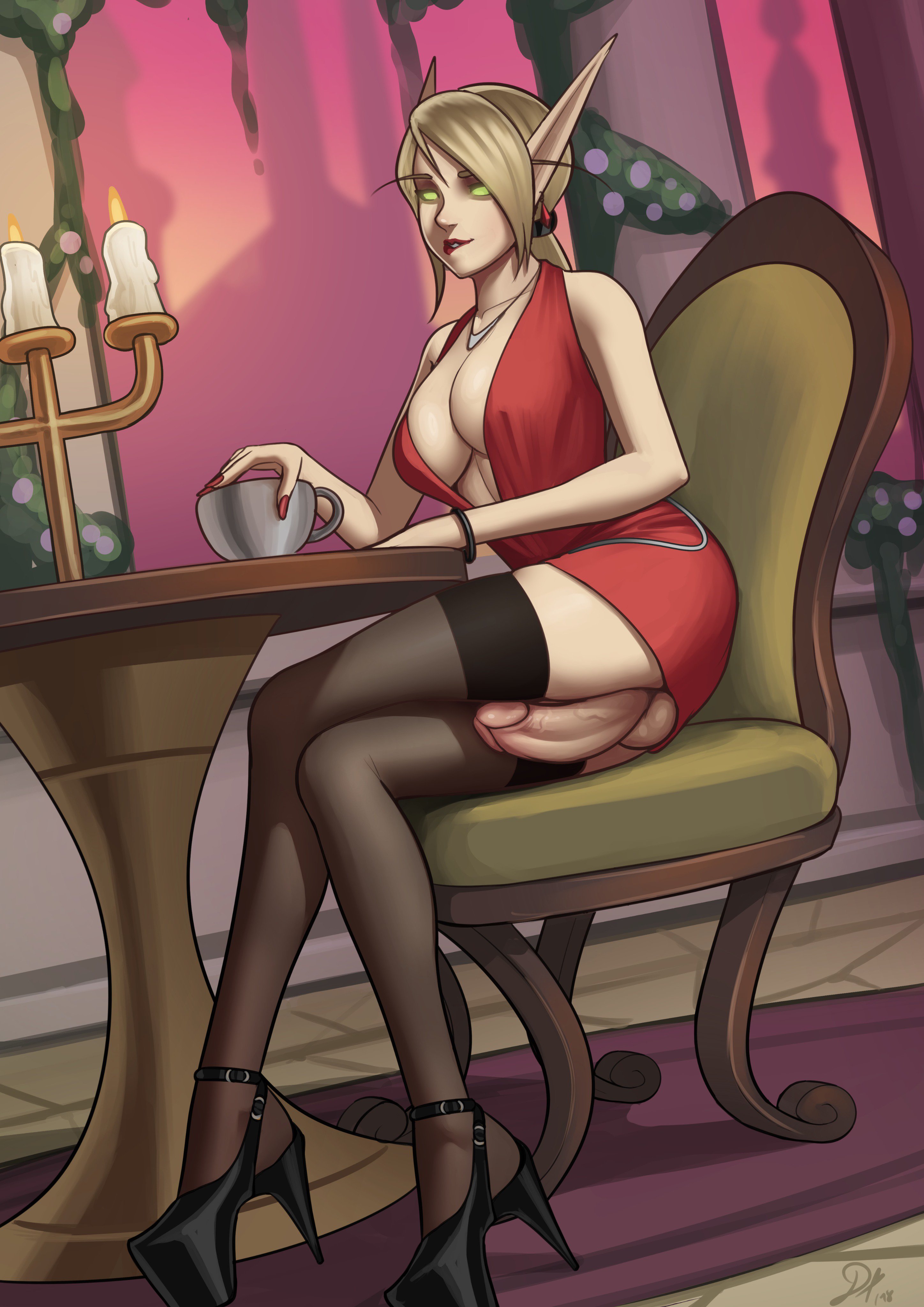 1futa, black legwear, black shoes, blizzard entertainment, blonde hair, blood elf, breasts, cleavage, deilan12, dickgirl, elf, erection, full-package futa, futa only, futanari, high heels, intersex, penis, pointy ears, presenting penis, solo, stockings, thighhighs, world of warcraft