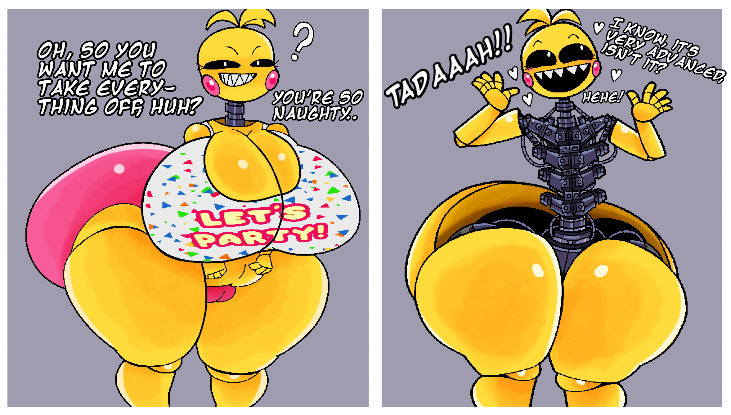 1girls, 2 panel comic, 2d, 2d (artwork), animatronic, animatronic female, big ass, big breasts, black eyes, blush, cameltoe, comic, dialogue, endoskeleton, exposed endoskeleton, fangs, female, female only, five nights at freddy's, five nights at freddy's 2, furry, furu flami, huge ass, huge breasts, hyper breasts, laugh, looking at viewer, meme, naked, nude, only female, pillow shading, question mark, removing clothing, robophilia, robot, robot girl, robot humanoid, sharp teeth, solo, taking clothes off, talking to viewer, text, thick thighs, thighs, toy chica (fnaf), two panel image, wires, yellow body