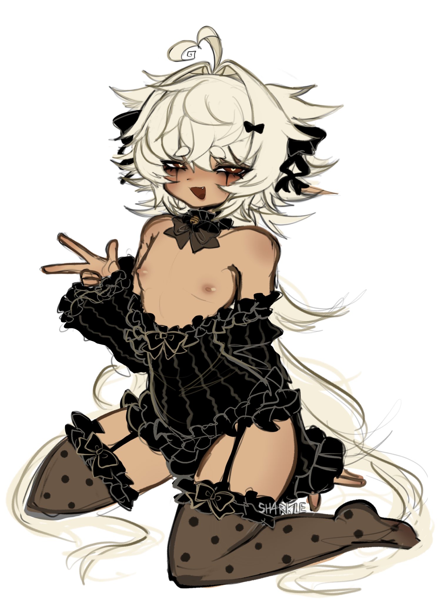 1boy, femboy only, feminine male, liar (sh4rkle), on knees, sh4rkle (artist), showing nipples, tagme, thighhighs