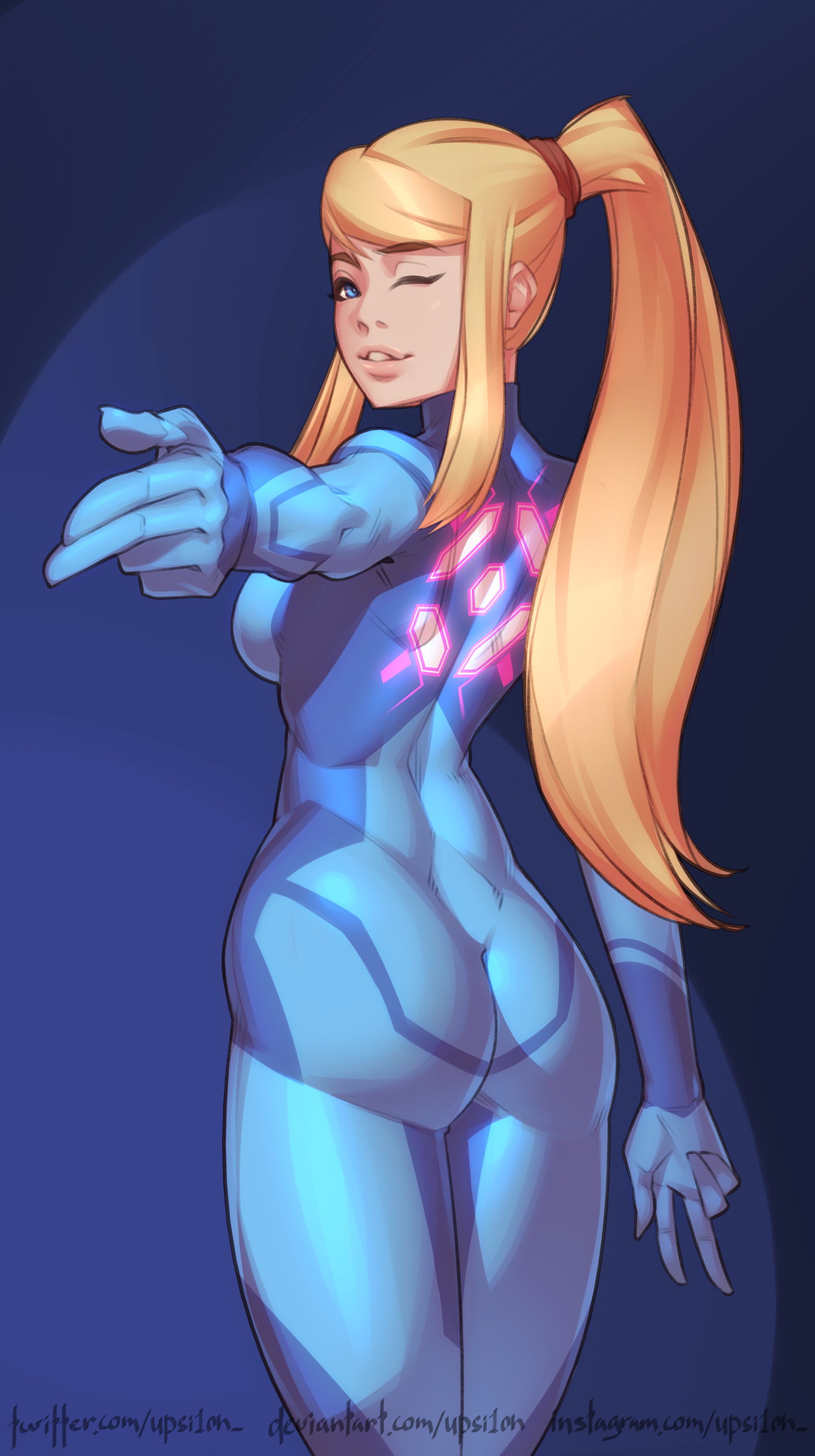1girls, blonde hair, blue eyes, bodysuit, dat ass, female, female only, finger gun, fully clothed, metroid, orresu, ponytail, samus aran, shiny clothes, tight clothing, upsi1on, zero suit, zero suit samus