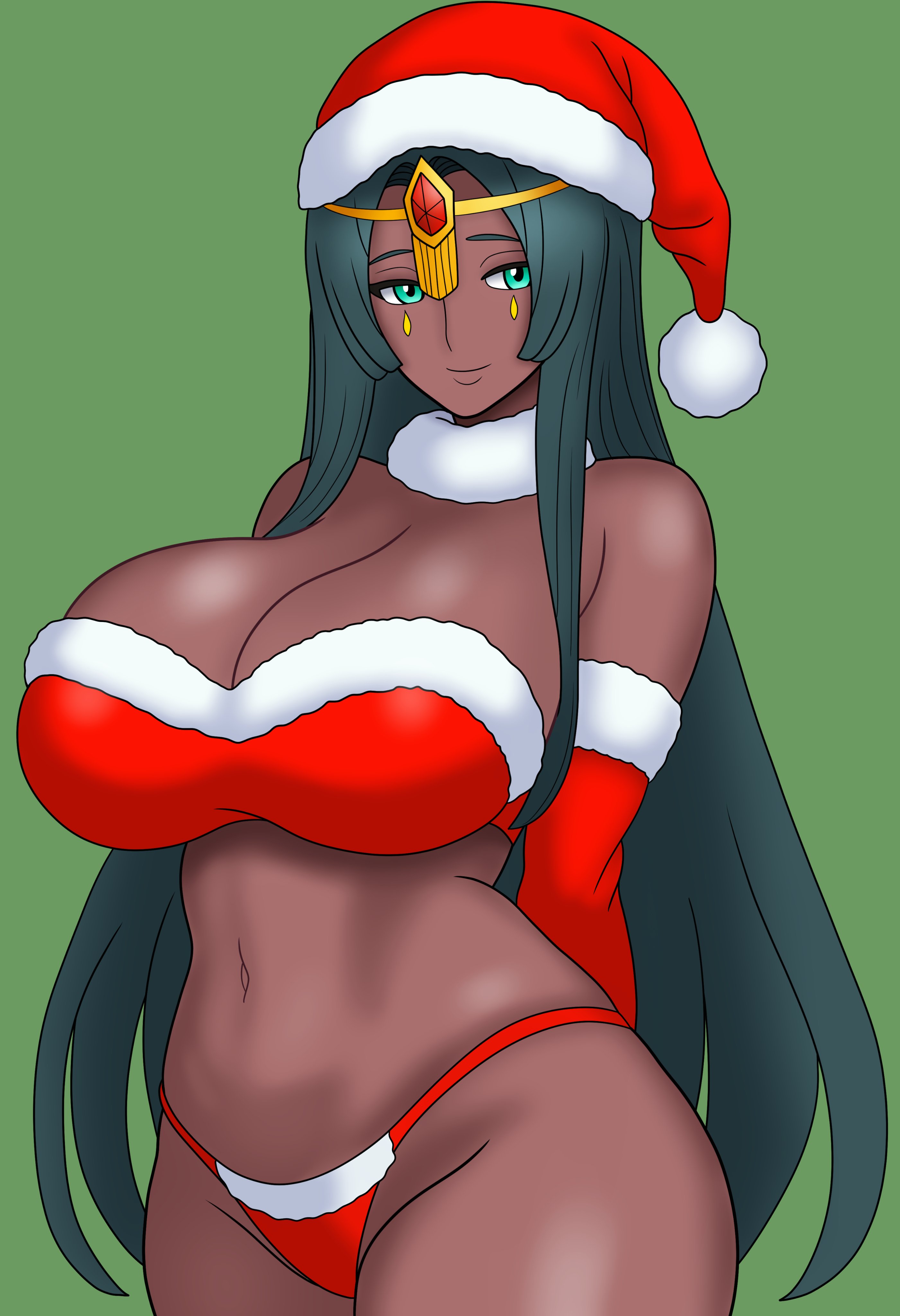 1girls, arms behind back, armwear, bikini, bikini bottom, bikini top, black hair, bojack198, bottomwear, christmas, christmas bikini, christmas clothing, christmas headwear, christmas outfit, fate (series), female, female only, gloves, green background, green eyes, hair, hat, headwear, jewelry, red bikini, red gloves, santa hat, scheherazade (fate), smile, solo, solo female, swimwear, topwear