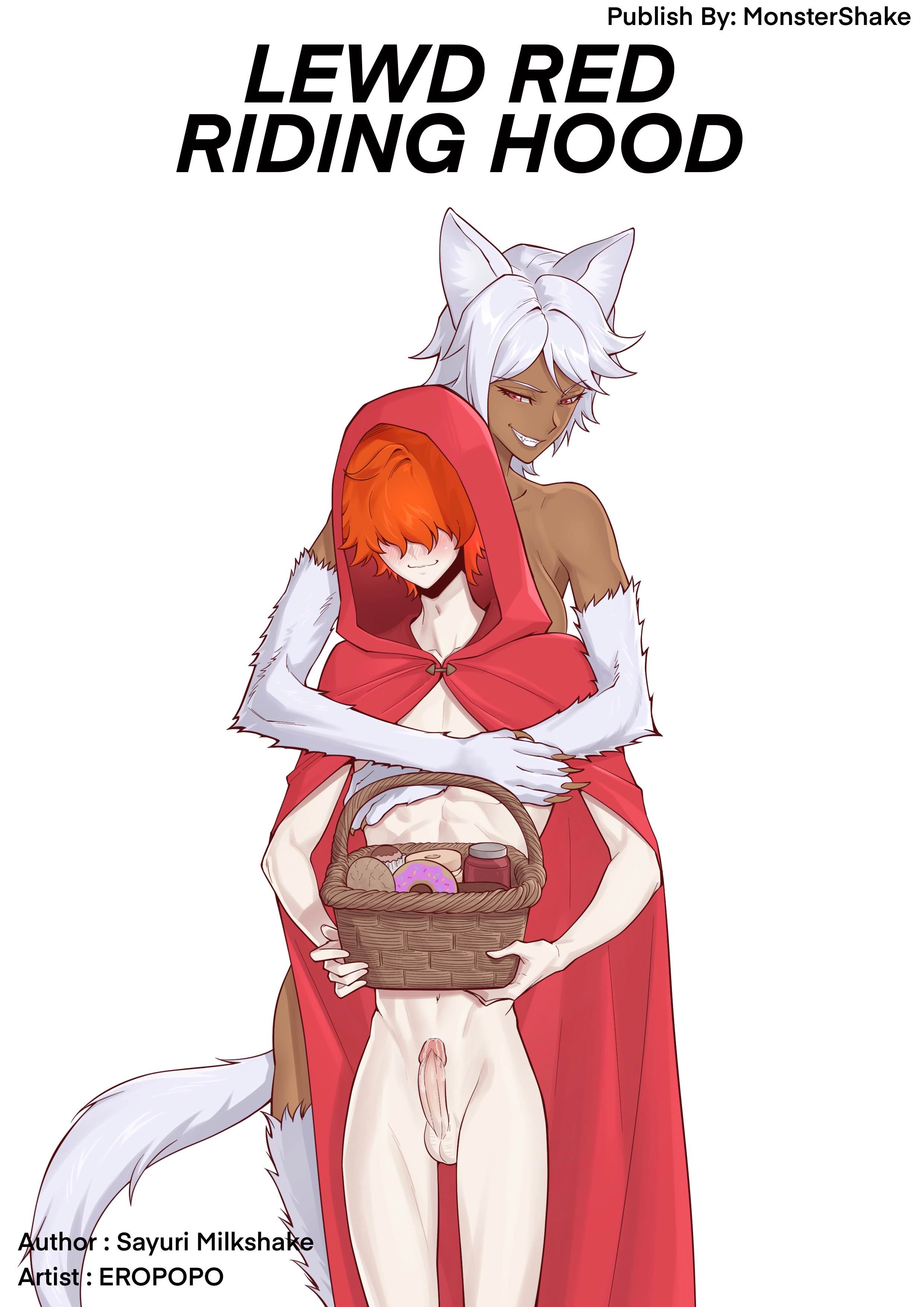 1boy, 1boy1girl, 2d, 2d (artwork), 2d artwork, blush, color, colored, dark skin, dark-skinned female, er0popo, erection, female, femboy, hug, hugging, hugging from behind, illustration, lewd red riding hood (monstershake), light skin, light-skinned male, little red riding hood, monstershake, ms.werewolf (monstershake), naked, naked female, naked male, nude, nude female, nude male, orange hair, red (monstershake), red cloak, sayuri milkshake, smile, smiling, smirk, smirking, twink, werewolf, werewolf girl, white ears, white hair, white skin, white tail, white-skinned male