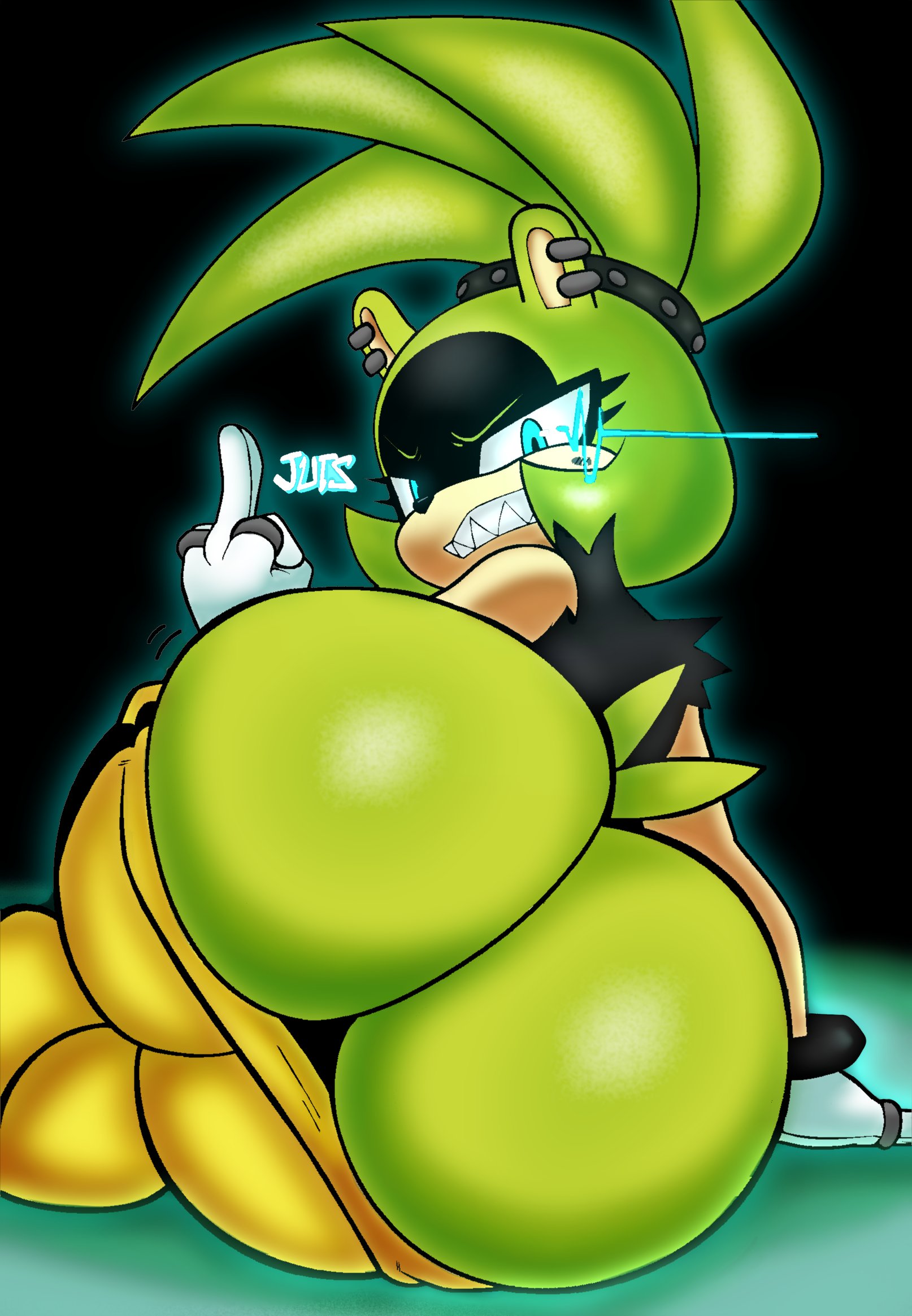 1girls, angry, ass, big ass, black clothing, black shirt, black topwear, blue eyes, bottomwear, bottomwear down, bracelet, bubble butt, clothed, clothing, color edit, colored, ear piercing, electricity, eyelashes, female, furry, gesture, gloves, glowing eyes, green hair, hair, hand gesture, handwear, hi res, huge ass, idw publishing, jewelry, jutsapostion, looking at viewer, looking back, middle finger, pants, pants down, partially clothed, piercing, rear view, ring, sega, sharp teeth, shirt, solo, solo female, sonic (series), sonic the hedgehog (comics), sonic the hedgehog (idw), sonic the hedgehog (series), studded hair tie, surge the tenrec, tail, teeth, third-party edit, topwear, torn clothing, torn shirt, torn topwear, white clothing, white gloves, white handwear, yellow bottomwear, yellow clothing, yellow pants