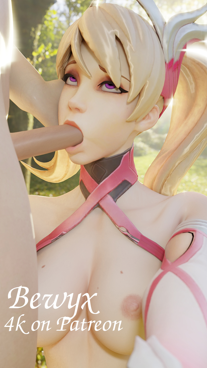 3d, alternate costume, bewyx, blonde hair, breasts, fellatio, female, looking up, mercy, nipples, oral, outdoors, overwatch, pink eyes, pink mercy, small breasts, straight, text