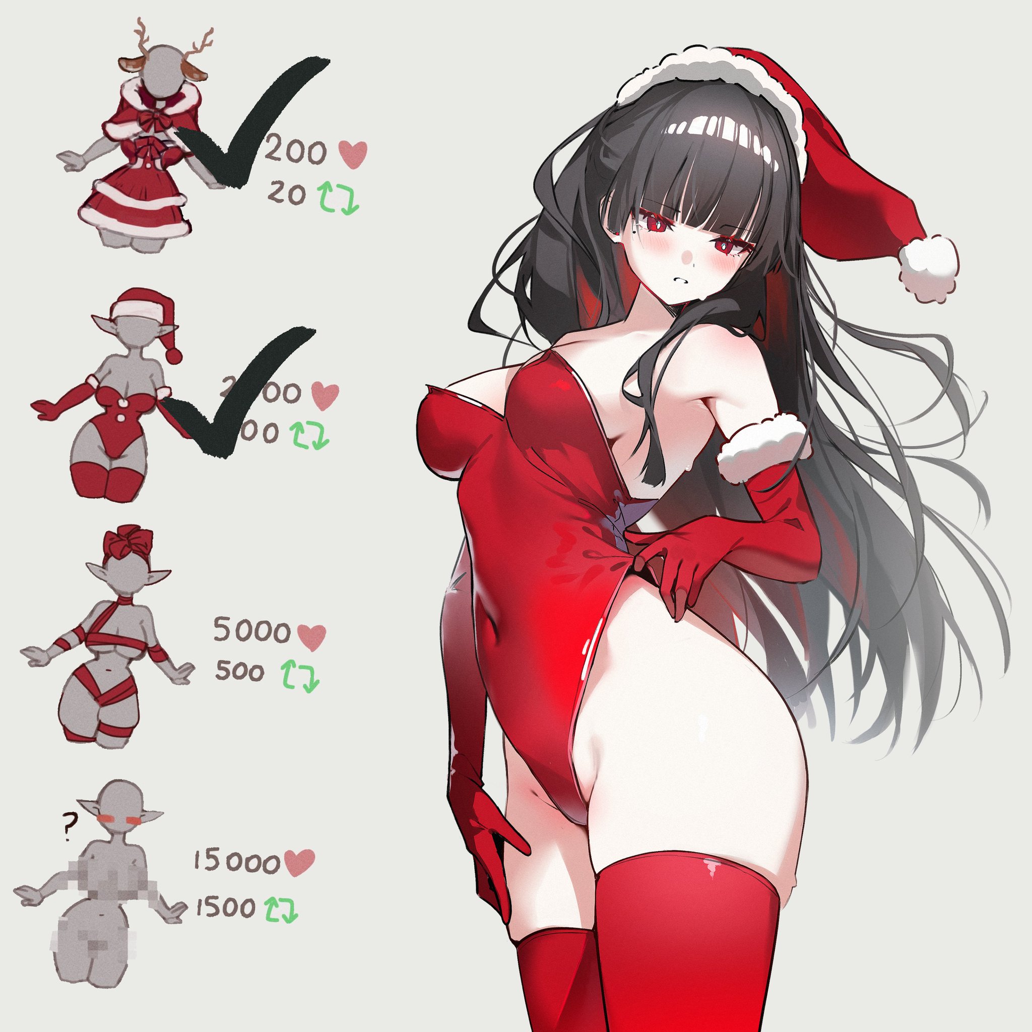 1girls, black hair, breasts, chisa (wuthering waves), christmas clothing, christmas headwear, christmas outfit, exposed breasts, female, female only, leotard, long hair, red eyes, red leotard, red thighhighs, shaoviie, thighhighs, twitter link, wuthering waves