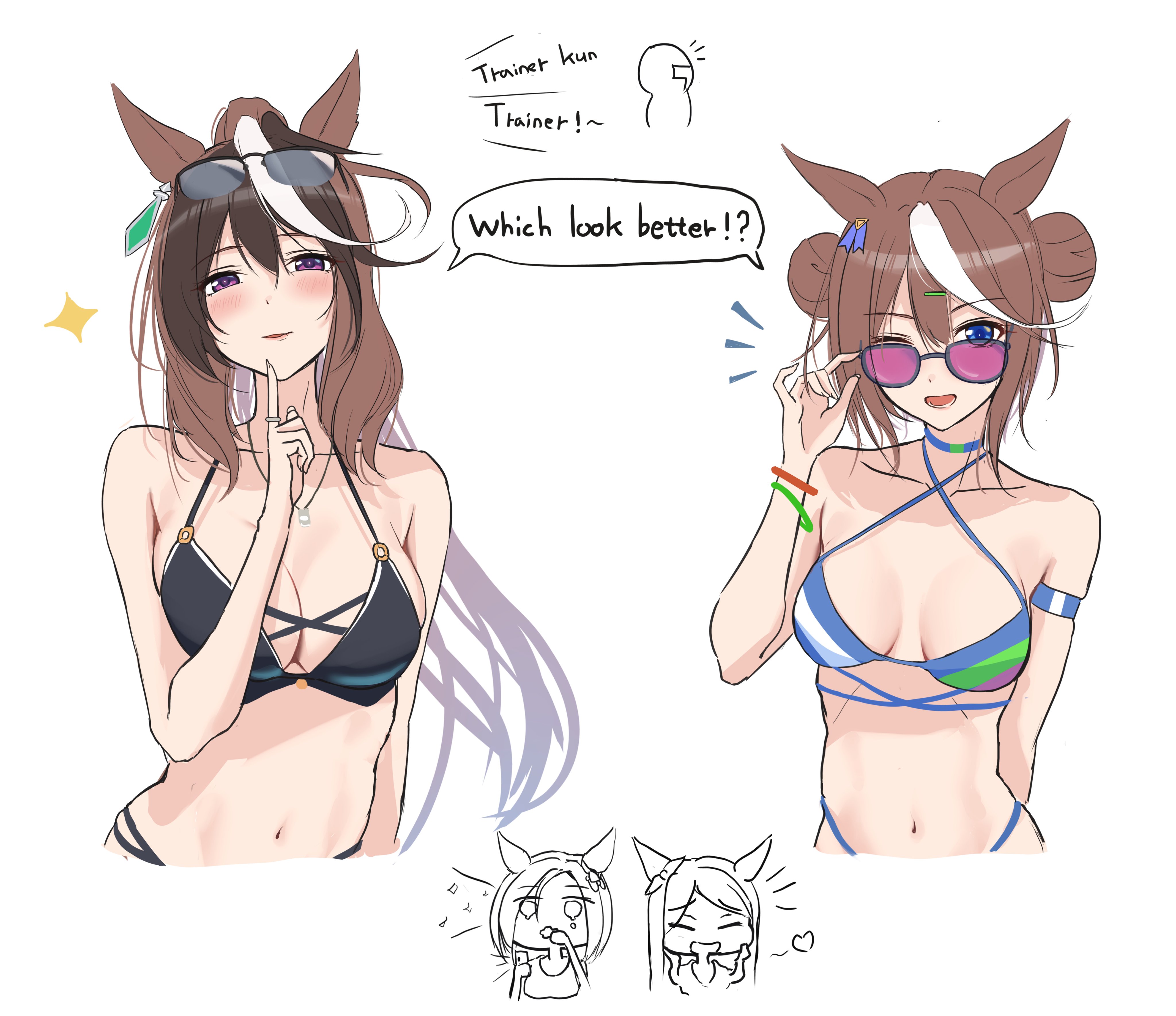 1boy, 4girls, adjusting eyewear, air groove (umamusume), animal ears, armband, bare shoulders, bikini, black bikini, blue bikini, blush, bracelet, breasts, brown hair, choker, cleavage, closed eyes, collarbone, double bun, ear ornament, english text, eyewear on head, green bikini, hair between eyes, hair bun, heart, horse ears, horse girl, large breasts, long hair, looking at viewer, medium breasts, mejiro mcqueen (umamusume), multicolored bikini, symboli rudolf (umamusume), t-head trainer (umamusume), tokai teio (umamusume), trainer (umamusume), umamusume