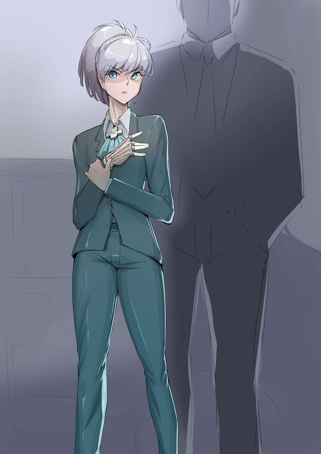 blue eyes, femboy, grey hair, hunter x hunter, kirsi engine, kirushi, kurapika, light-skinned femboy, light-skinned male, suit, wig