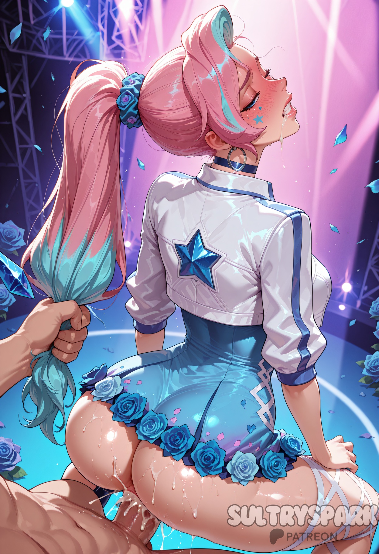 1boy, ai generated, artist name, ass, blue flower, blue rose, blush, breasts, choker, clenched teeth, closed eyes, cropped jacket, cum, cum in pussy, dress, earrings, female, flower, futarush, grabbing another's hair, hair scrunchie, jacket, jewelry, k/da (league of legends), k/da series, large breasts, league of legends, long hair, multicolored hair, patreon, patreon username, penis, pink hair, ponytail, riot games, rose, scrunchie, seraphine (league of legends), seraphine rising star, sex, sex from behind, shiny skin, solo focus, straight, sultryspark, teeth, vaginal penetration, white jacket