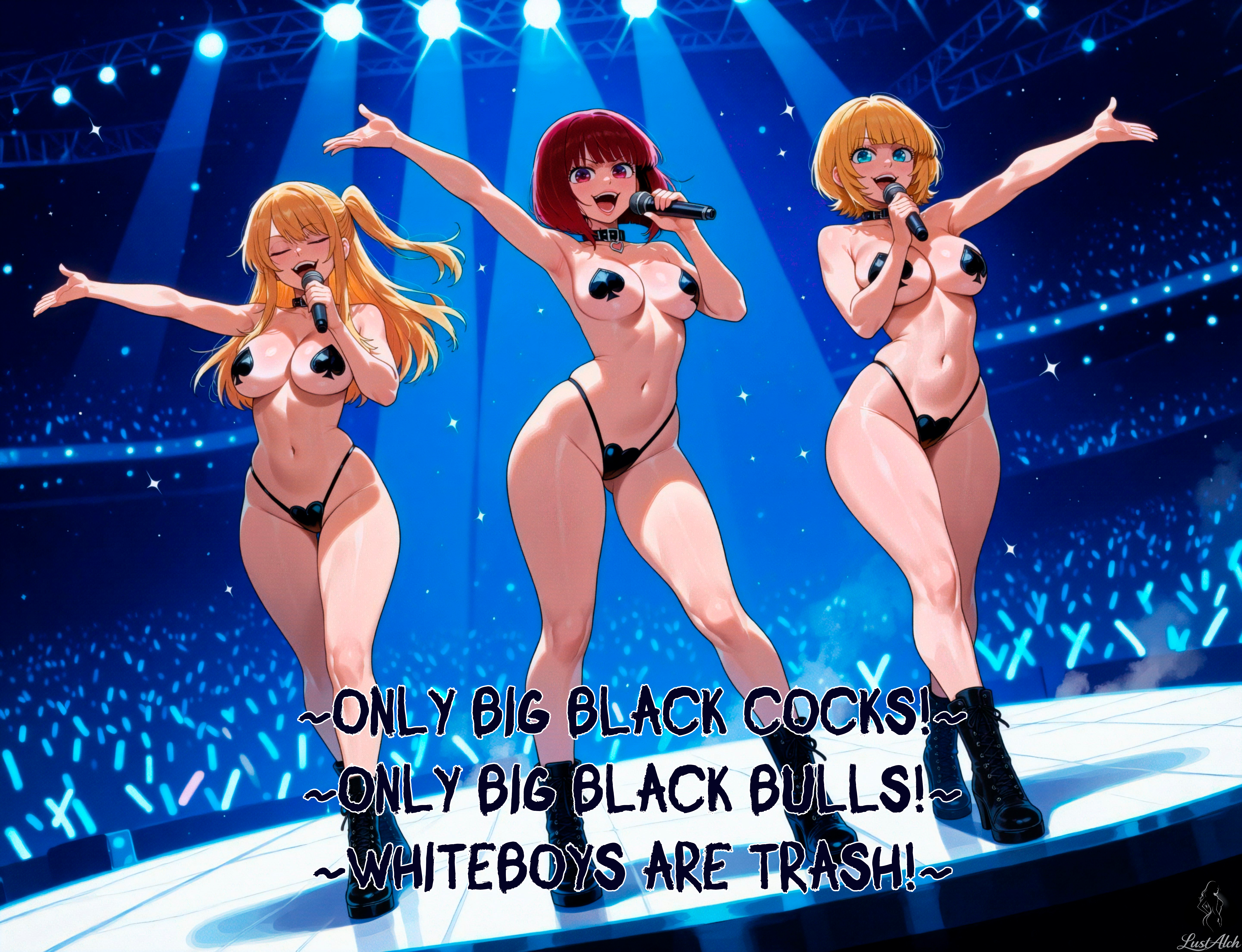 3girls, ai generated, arima kana, hoshino ruby, lustalch, memcho, oshi no ko, singing, spade maebari, stage, standing, thong