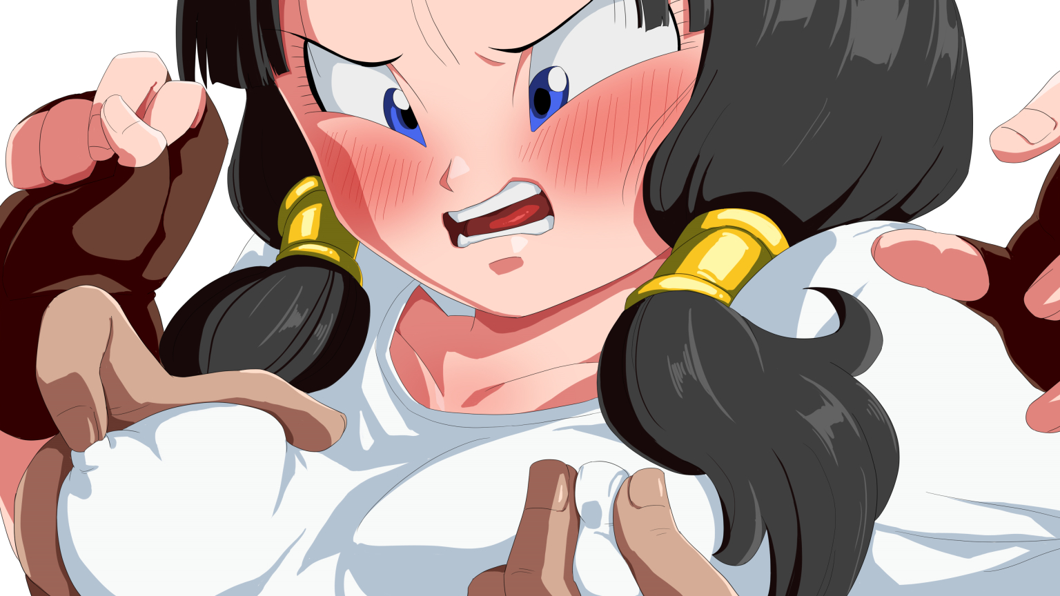1girls, black hair, blue eyes, blush, breast grab, breasts, clothes, dragon ball, dragon ball z, embarrassed, erect nipples, erect nipples under clothes, female, fingerless gloves, looking down, nipple bulge, nipple grab, nipples, nipples visible through clothing, open mouth, pigtails, rom, shirt, short hair, tagme, teenager, twintails, videl