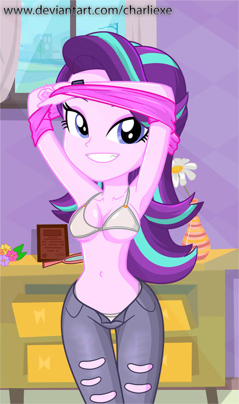 bra charliexe equestria_girls female friendship_is_magic jeans mirror_magic my_little_pony open_pants solo starlight_glimmer underboob