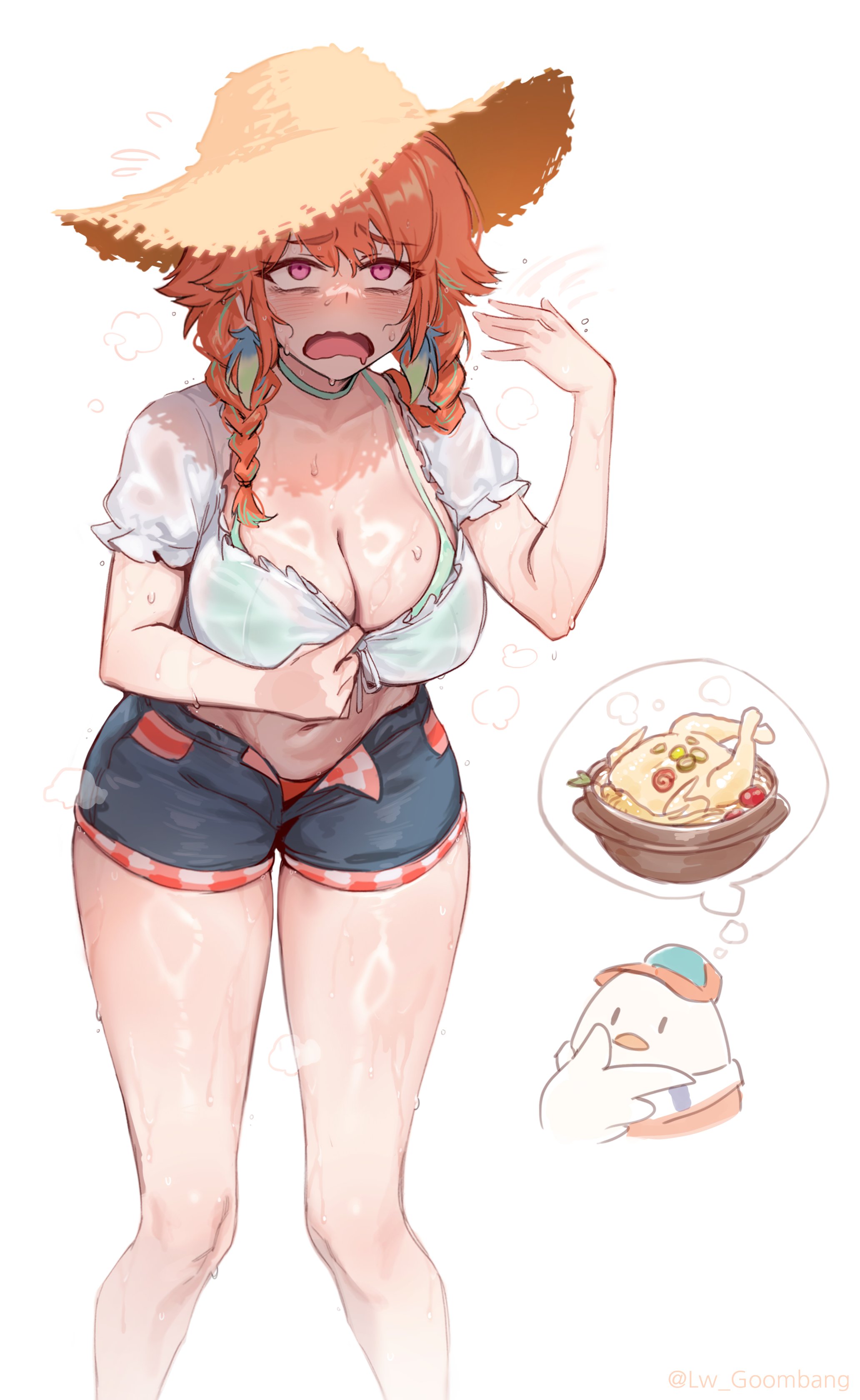 1girls, 2026, bare legs, big breasts, bra visible through clothes, braided hair, cleavage, hololive, hololive english, huge breasts, lw goombang, orange hair, straw hat, sweat, tagme, takanashi kiara, unbuttoned pants, virtual youtuber