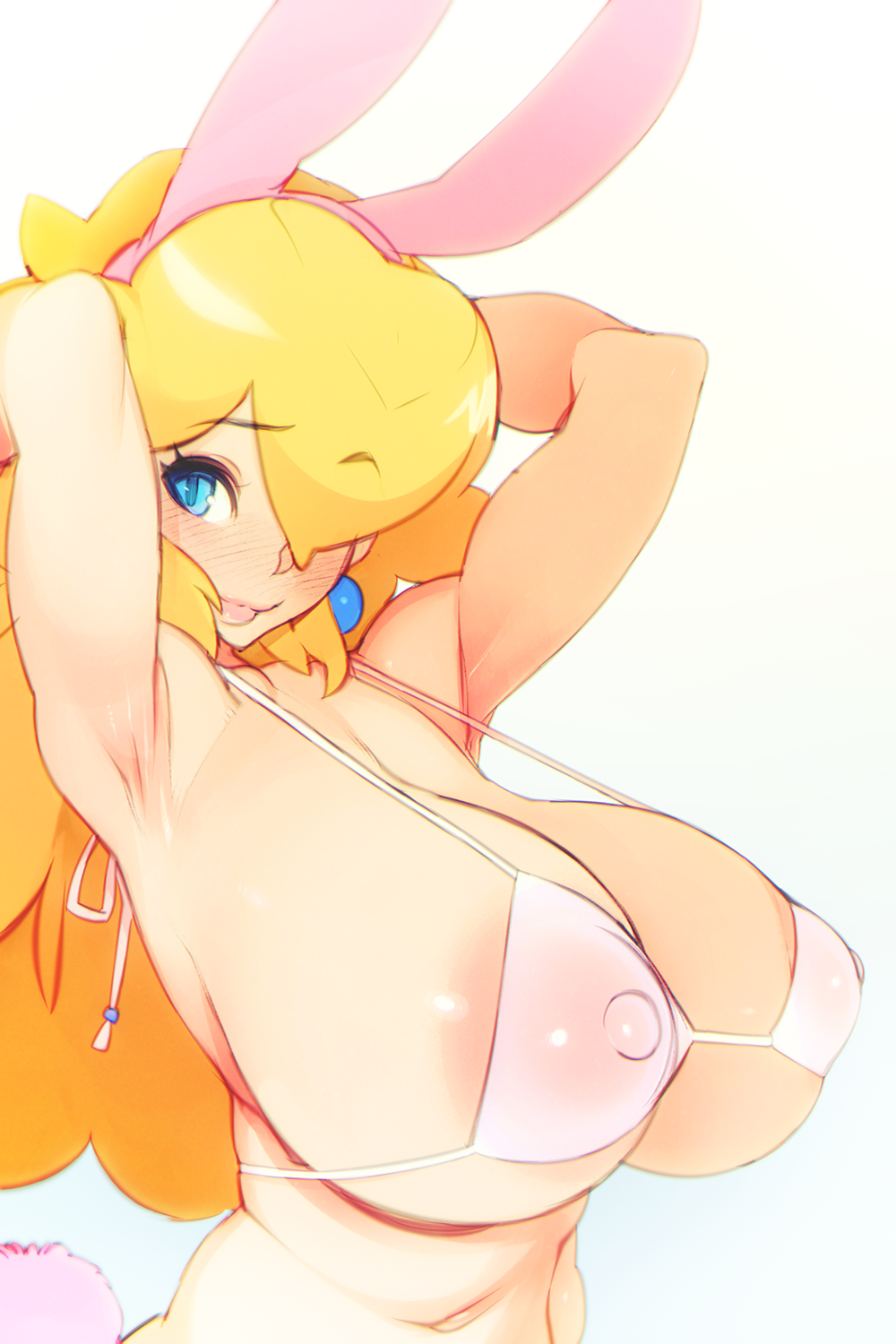 1girls animal_ears areola_slip areolae armpit_crease armpits arms_behind_head arms_up biceps big_breasts bikini bikini_top blonde_hair blue_eyes blush breasts bunny_ears bunny_girl bunny_tail cleavage curvy dat_ass doxy erect_nipples fake_animal_ears fake_tail female female_only hips huge_areolae huge_breasts long_hair mario_(series) nintendo nipple_bulge nipple_poke nipples princess_peach puffy_nipples sexy_armpits simple_background solo string_bikini swimsuit tail thick_lips voluptuous white_background white_bikini wide_hips