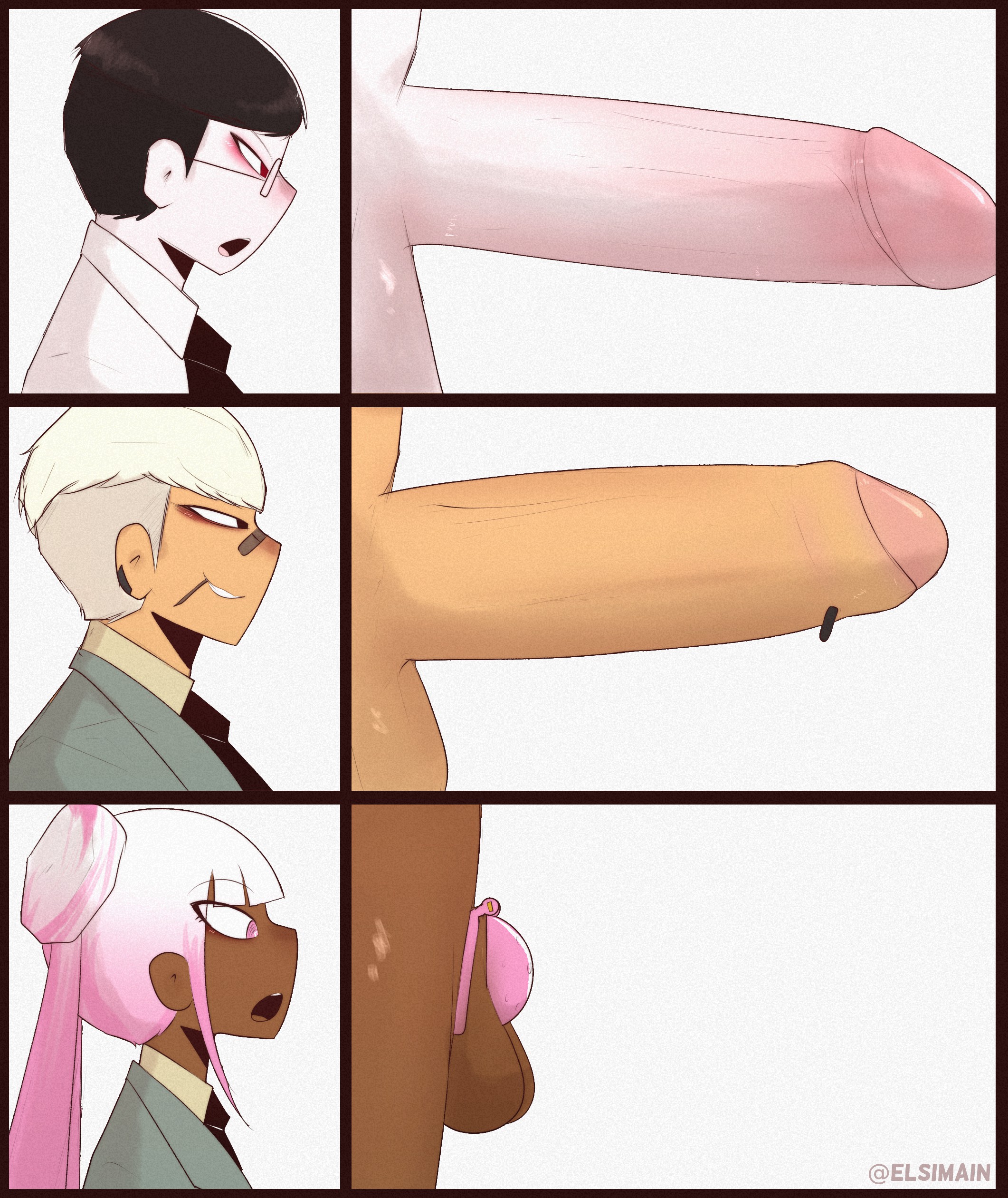 2025, 2d, 3boys, balls, ballsack, big balls, big penis, brown skin, brown-skinned femboy, brown-skinned male, chastity, chastity cage, chastity device, dark skin, dark-skinned femboy, dark-skinned male, elsimain, face close-up, femboy, glasses, hi res, human, human male, human only, large penis, light skin, light-skinned male, male, male only, multiple boys, nikki (elsimain), open mouth, original, original character, pale skin, pale-skinned male, penis, penis focus, penis piercing, penis size chart, penis size comparison, penis size difference, pierced penis, piercing, size chart, small balls, small penis, student, twitter username, uncircumcised