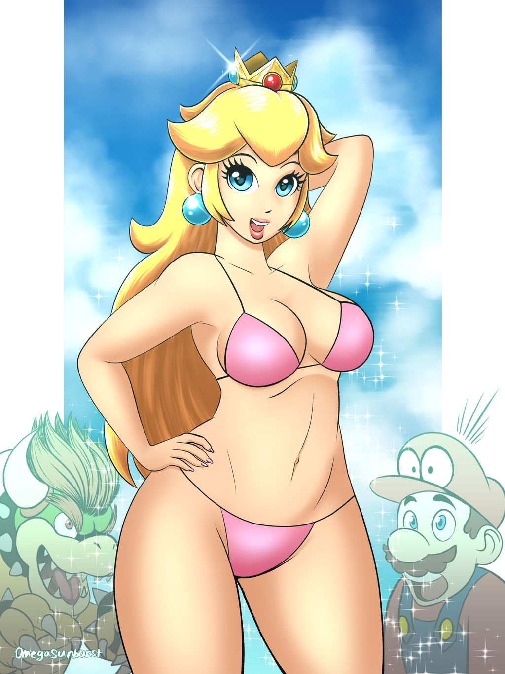 bikini, bowser, cappy (mario), curvy, female, female focus, mario, mario (series), nintendo, omegasunburst, princess peach, super mario odyssey
