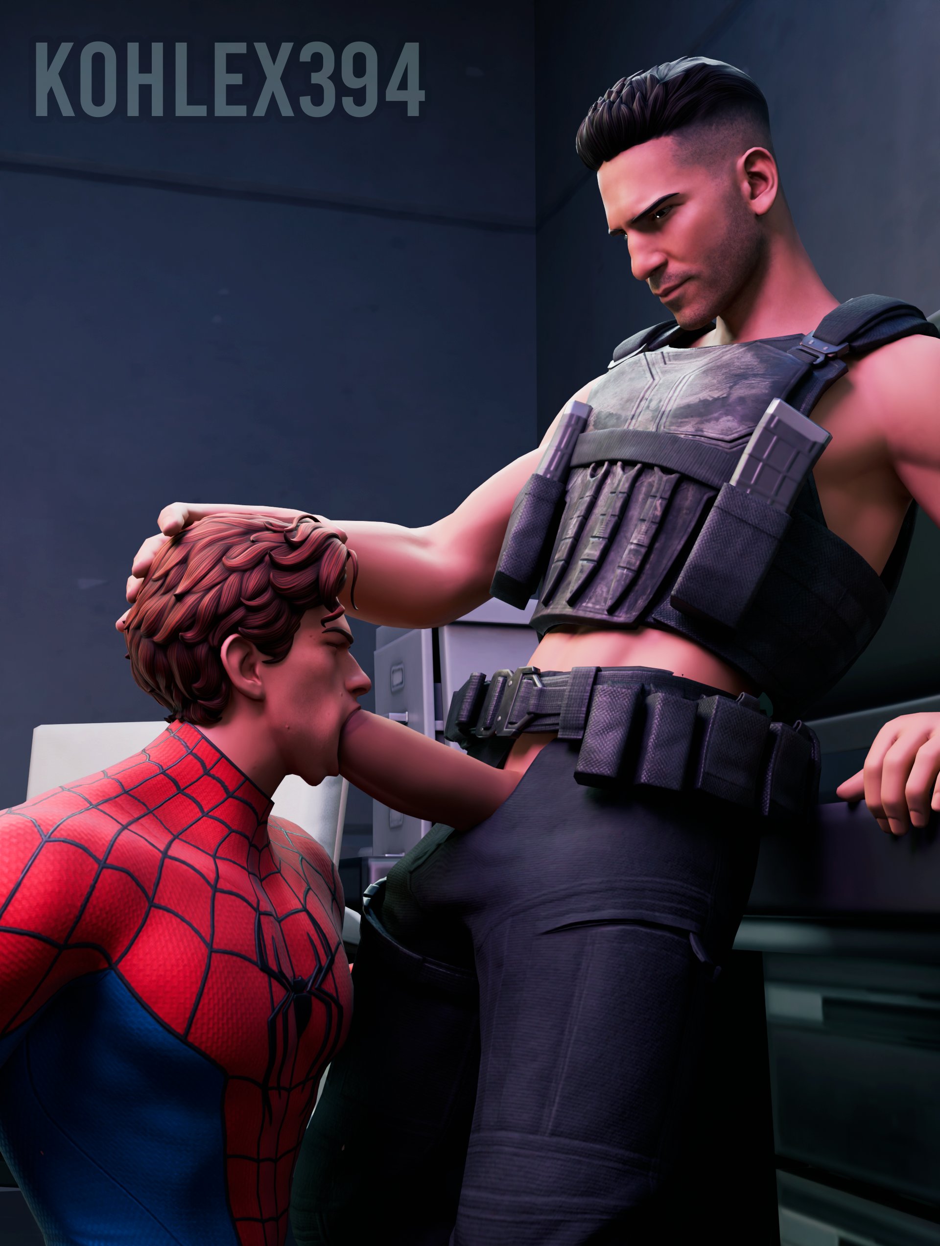 big pecs, big penis, bodysuit, closed eyes, clothed, clothing, fortnite, gay, hand on head, kohlex, male, male focus, male only, marvel, marvel cinematic universe, marvel comics, muscular, muscular male, oral, oral sex, pecs, penis, penis in mouth, penis out, peter parker, punisher (francis castle), punisher (marvel comics), sleeveless, spider-man, spider-man (series), spider-man: brand new day, submissive, submissive hero, submissive male, sucking, sucking penis, yaoi