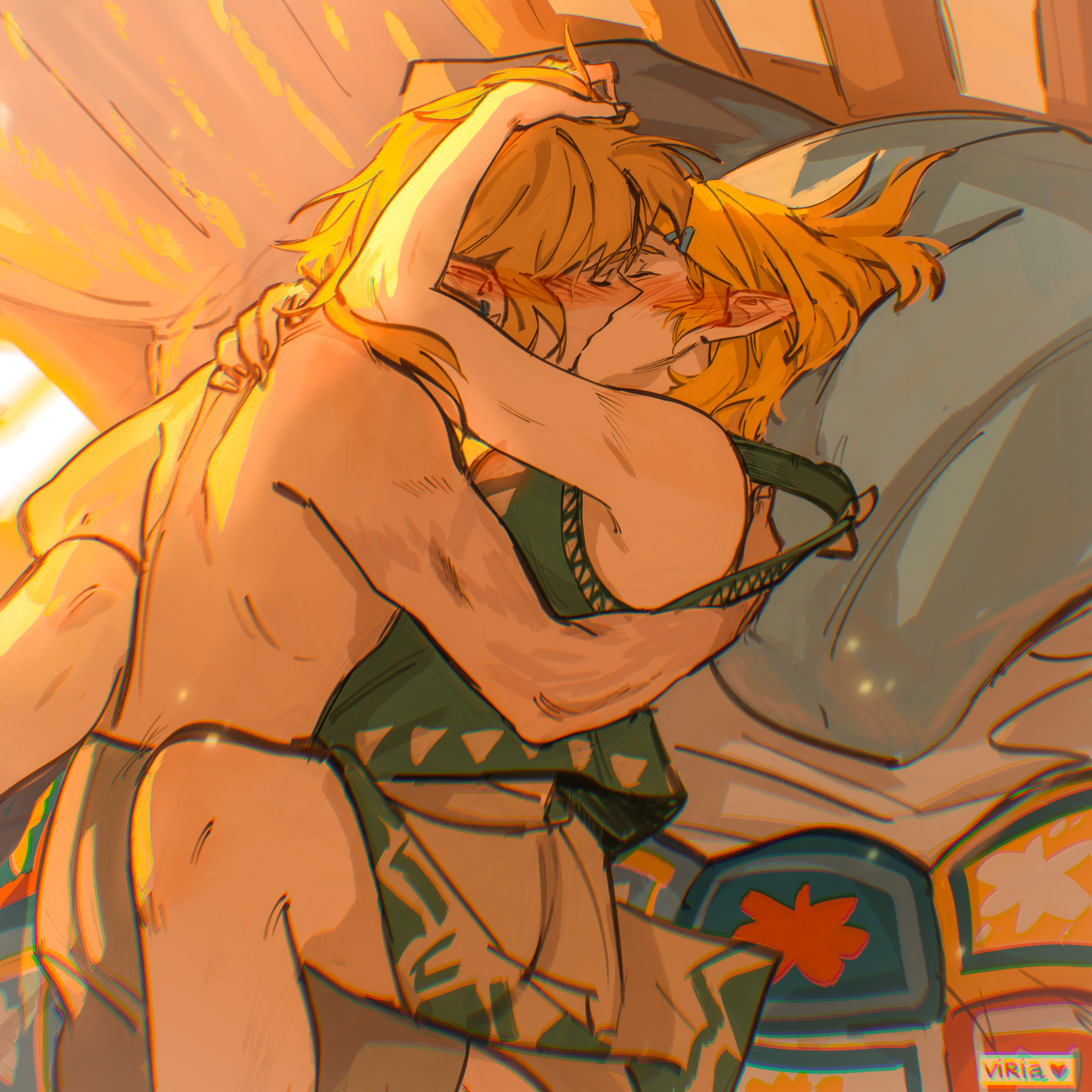 1boy, 1girl, arms around partner, blonde female, blonde hair, blonde-haired male, blush, duo, elf ears, embrace, female, hand in hair, hugging, kissing, legs around partner, link, link (tears of the kingdom), making out, male, male/female, missionary position, nintendo, passionate, pretty boy, princess zelda, romantic, romantic ambiance, shirtless, straight, tears of the kingdom, the legend of zelda, the legend of zelda: tears of the kingdom, viria13, wholesome, wholesome couple, zelda (tears of the kingdom)