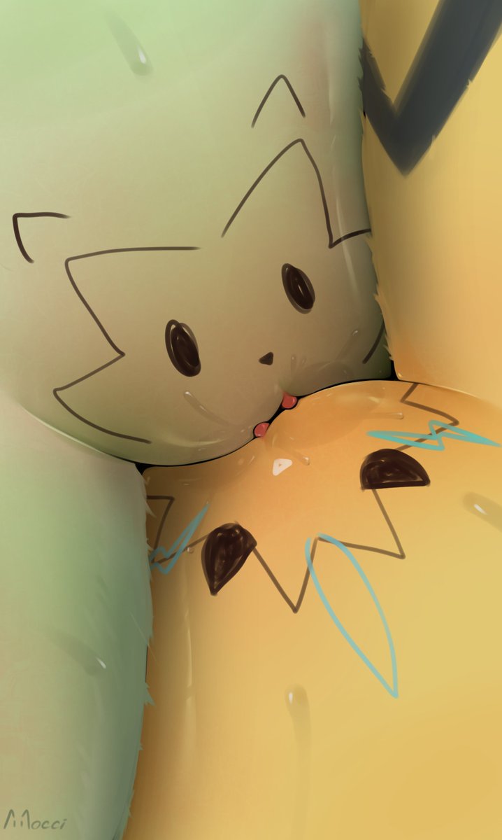close up, do you want to pet my cat (meme), female, furry, furry female, green fur, green hair, highres, lesbian, lesbian sex, meowscarada, moccimew, nude, pokemon, pokemon (creature), pussy, pussy juice, tribadism, yellow fur, zeraora