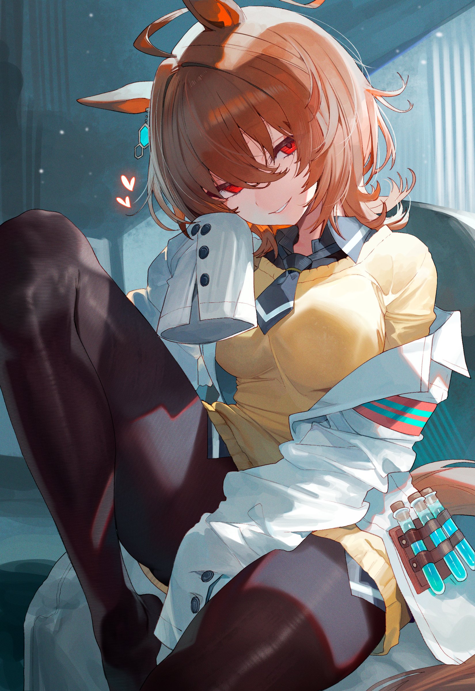 1girl, agnes tachyon (umamusume), black pantyhose, brown hair, horse ears, horse girl, labcoat, red eyes, short hair, sitting, smile, solo, suujiniku, umamusume, umamusume pretty derby, white coat, yellow sweater