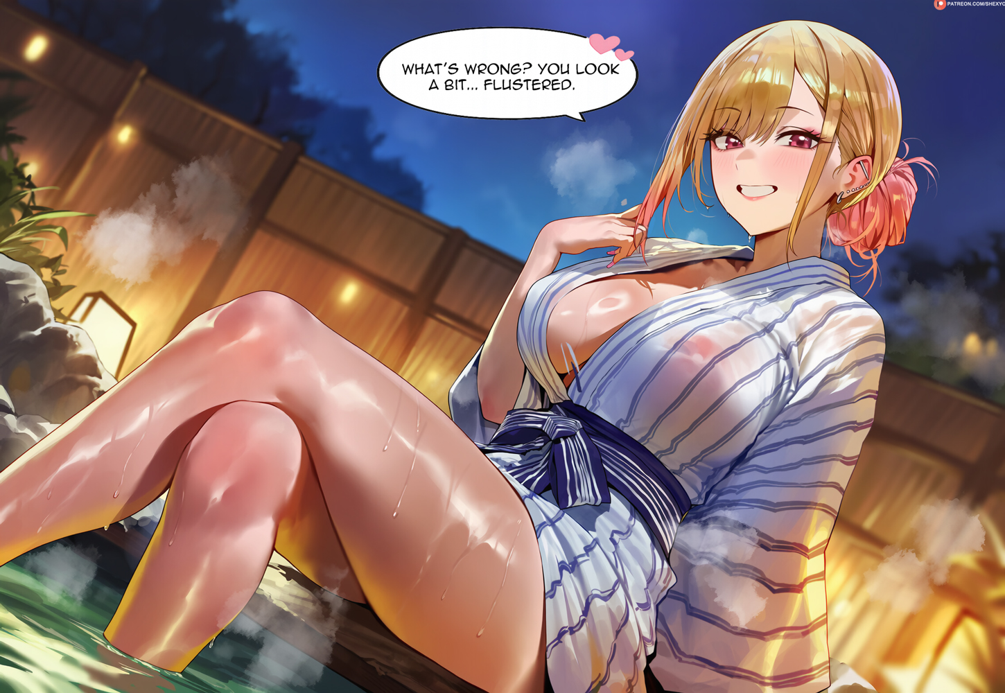 1girls, ai assisted, ai generated, blush, breasts, cleavage, dialogue, female, female only, hot spring, kimono, kitagawa marin, looking at viewer, shexyo, solo, sono bisque doll wa koi wo suru, thick thighs, thighs, yellow hair