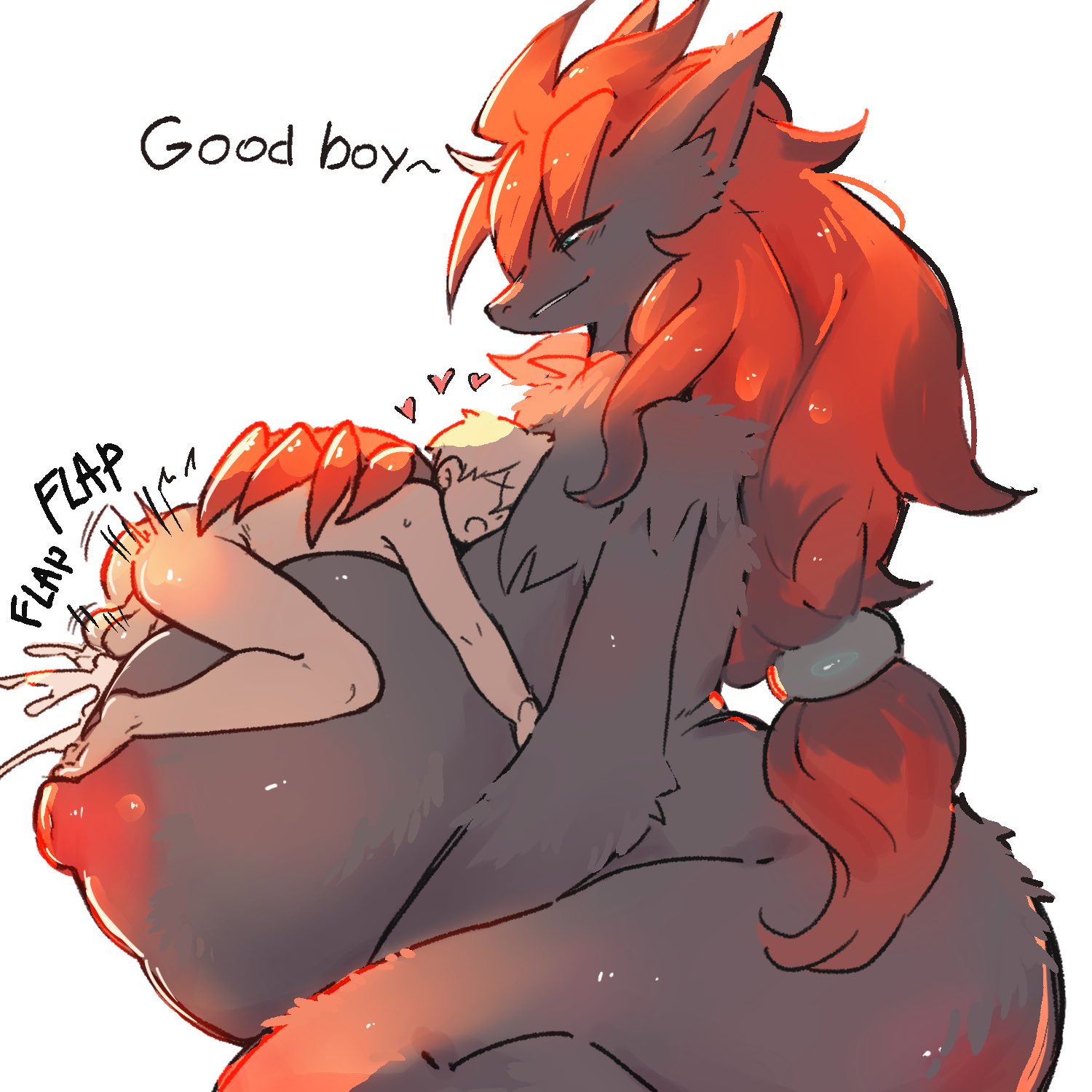 1:1, 1boy, 1girls, 2026, alor xxx, anthro, areola, balls, big breasts, bodily fluids, breast hug, breast play, breasts, canid, cum, cumshot, dialogue, duo, ejaculation, english text, extreme size difference, female, female anthro, female on human, fur, generation 5 pokemon, genital fluids, genitals, giantess, good boy, grey body, grey fur, hair, heart symbol, hi res, huge breasts, human, hyper, hyper breasts, interspecies, kneeling, larger anthro, larger female, macro female, male, male on anthro, male/female, mammal, nintendo, nipples, on breasts, pokemon, pokemon (species), pokephilia, red areola, red hair, red nipples, sex, size difference, smaller human, smaller male, text, thick thighs, titfuck, white background, zoroark