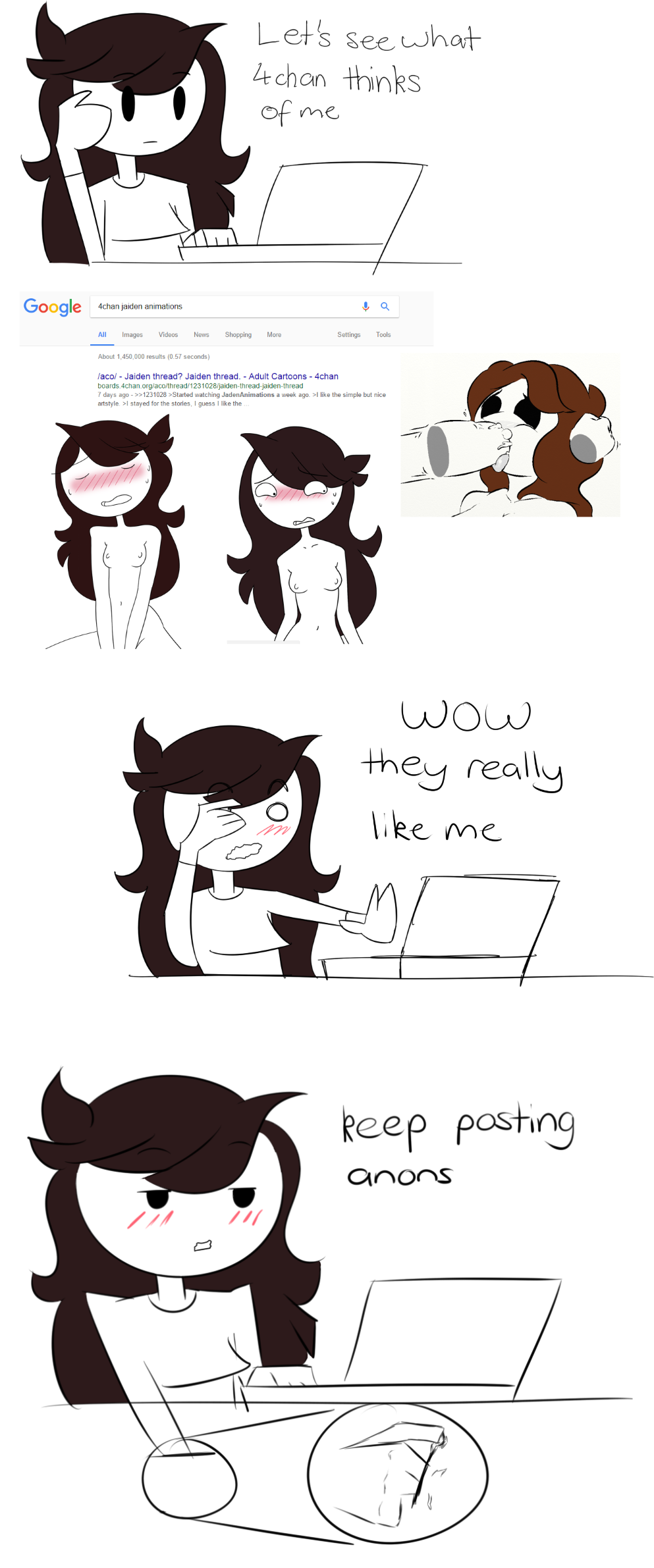 belly blush breasts brown_hair comic computer cum eyebrows fellatio female google jaiden jaiden_animations long_hair looking_at_own_porn masturbation nude penis pussy sitting stomach text watching_porn youtube youtuber