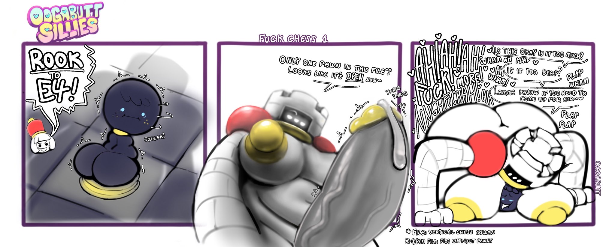 1ambiguous, 1futa, 2d, 2d (artwork), 3koma, ambiguous gender, ambiguous penetration, animate inanimate, anthro, areolae, armless, ass, ass crack, between breasts, black body, blue eyes, breasts, chess, chess piece, chubby, chubby futa, concerned, dialogue, dialogue bubble, duo, english, english text, erection, eyebrow raise, futa focus, futa on ambiguous, futa penetrating, futanari, golem, helpless, humanoid, humanoid penis, hyper, hyper ass, hyper breasts, hyper penis, imminent sex, intersex, intersex penetrating, larger futa, leaking precum, legless, living building, living machine, living toy, looming, low-angle view, massive ass, massive breasts, massive butt, massive penis, mind break, mob face, multi eye, naked, naked futa, nipples, no arms, no legs, not furry, nude, nude futa, onomatopoeia, oogabutt, pawn (chess), pawn (oogabutt), penis, personality change, plap, precum, public domain, questionable consent, rook (chess), rook (oogabutt), scared, sex chess, size difference, smaller ambiguous, smothering, speech bubble, text, three eyes, throbbing penis, towering, uncircumcised, uncut, unusual anatomy, unusual nipples, veiny penis, venus body, white body, white eyes