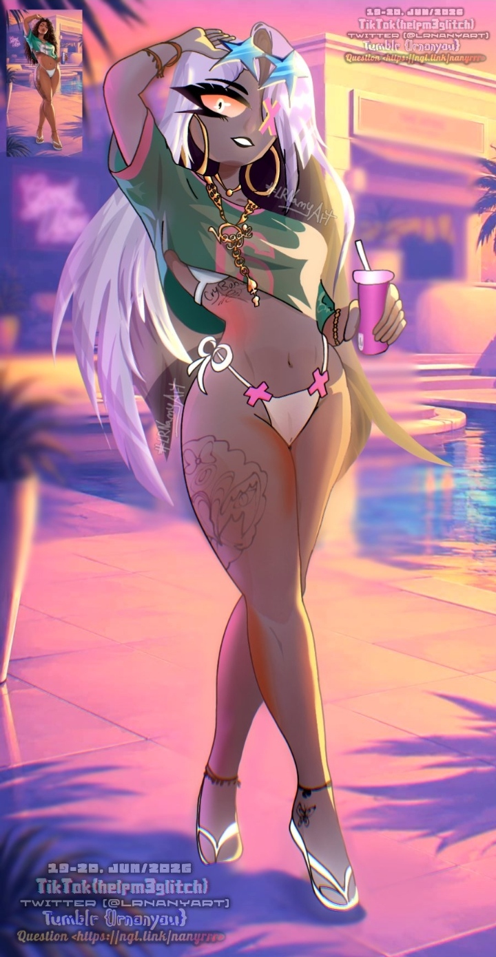 1girls, 2026, artist request, collar, curvy, earrings, fanart from twitter, female, female only, grand theft auto vi, green shirt, green topwear, grey body, gta vi cover girl, hazbin hotel, hoop earrings, hourglass figure, jewelry, looking at viewer, no ai, pink theme, solo, twitter link, vaggie (hazbin hotel), very long hair, vice city cover girl, white bikini, white bikini bottom, white bikini top, white hair, white panties