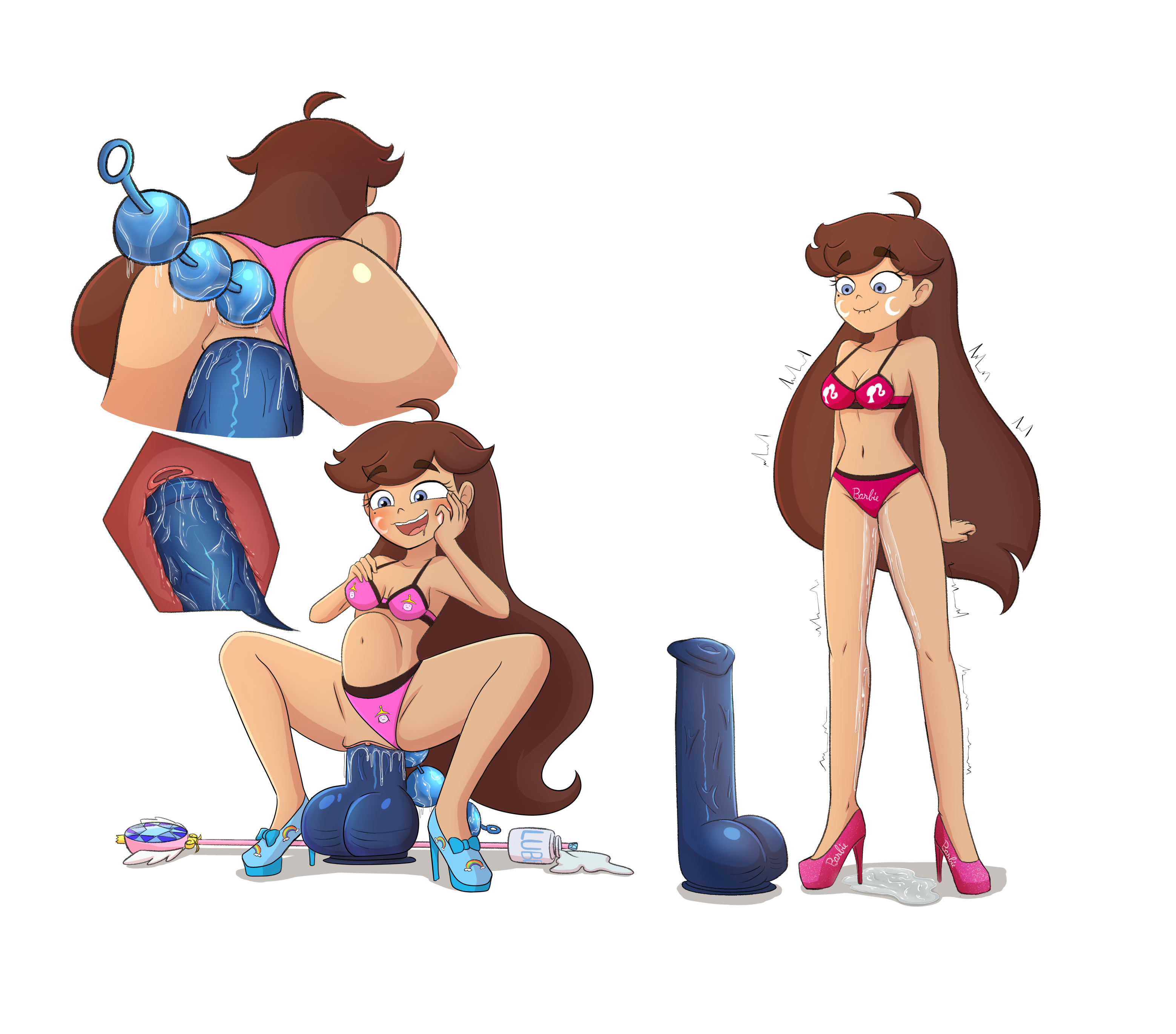 2026, adventure time, anal beads, azel x9, barbie (franchise), blue eyes, brown hair, fanchild, female masturbation, giant dildo, high heels, horse dildo, horsecock dildo, iquestx commissions, lube bottle, luna butterfly, magic wand, nervous smile, original character, pleasure face, princess bubblegum, pussy juice puddle, pussy juice trail, solo female, star vs the forces of evil, stomach bulge, underwear, x-ray