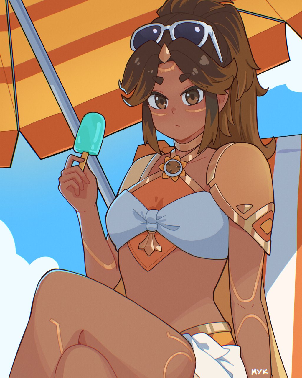 1girls, 2d, 2d (artwork), artist name, artist request, beach, bikini, brown eyes, brown hair, dark skin, dark-skinned female, female, female only, human, human only, ice pop, illari (overwatch), illari quispe ruiz, latina, looking at viewer, midriff, overwatch, overwatch 2, peruvian, peruvian female, poolside illari, questionable, sfw, sitting, sole female, solo, solo focus, source request, summer games series, sunglasses, sunglasses on head