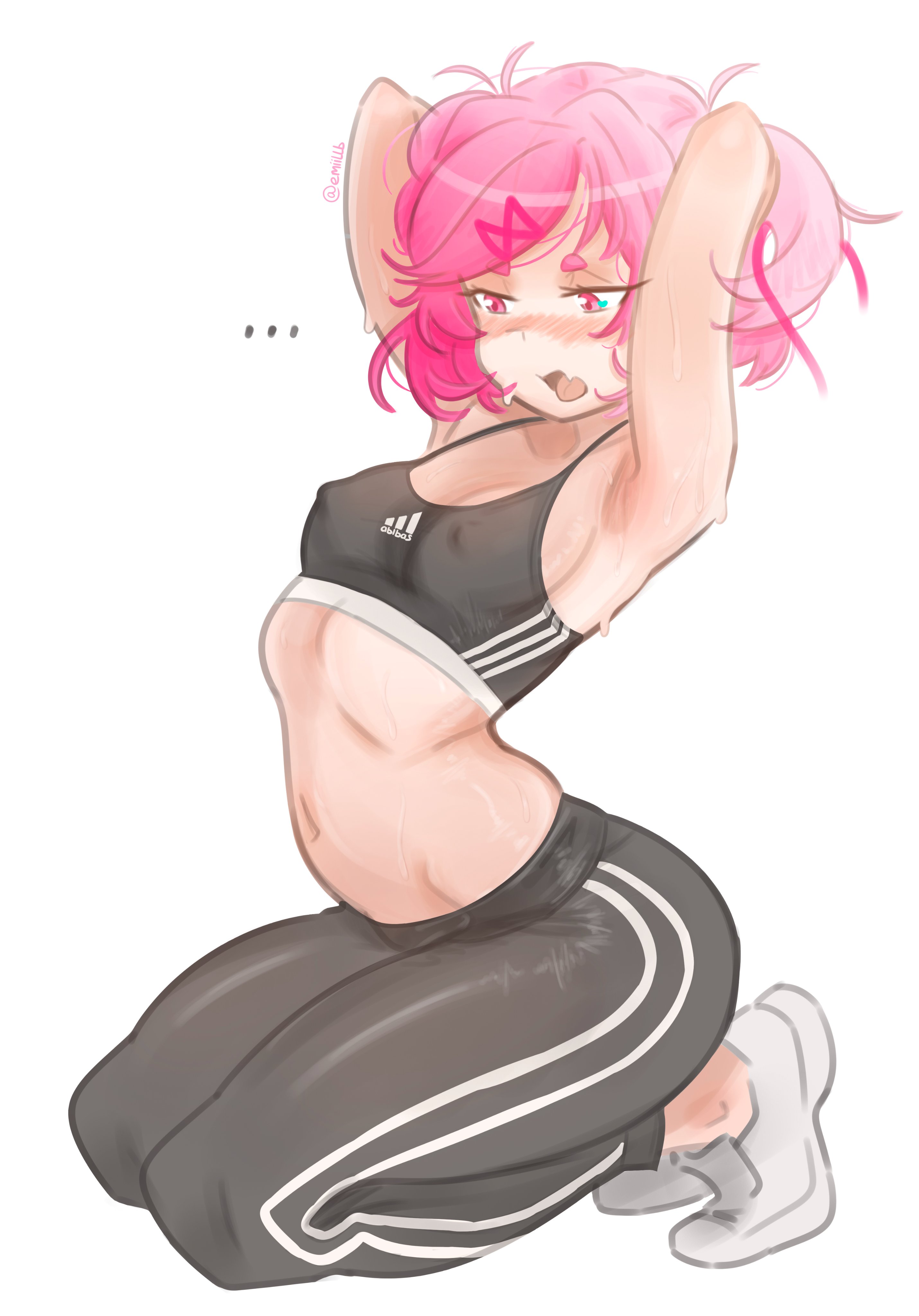 1girls, 2d, armpits, arms up, blush, doki doki literature club, emiillb, female, human, kneeling, natsuki (doki doki literature club), nipple outline, pink hair, solo, sports bra, sportswear, sweat, sweating, sweaty, yoga pants