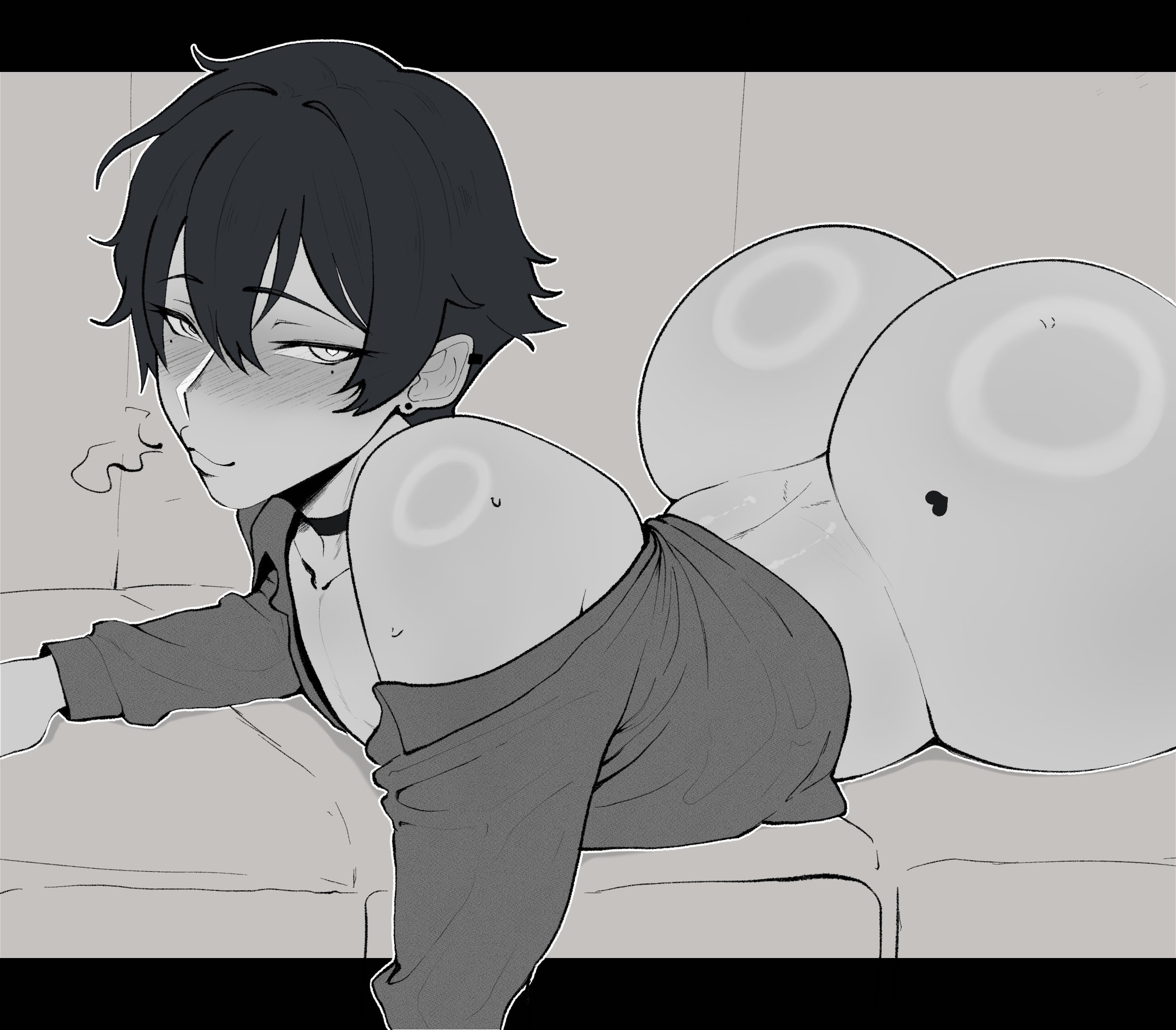 1boy, 9 styless, ass, big ass, black hair, collar, couch, femboy, heart tattoo, looking at viewer, male, male only, mole, mole under eye, monochrome, short hair, solo, sweatdrop, tattoo, thick ass, voluptuous femboy