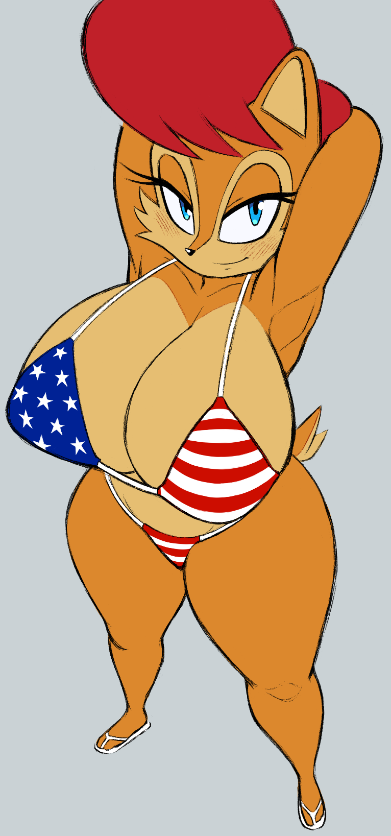 1girls, american flag bikini, arms behind head, beautiful, bedroom eyes, big breasts, big thighs, bikini, blue eyes, blush, breasts, child bearing hips, chipmunk, cleavage, curvy, female, fuck me eyes, full breasts, heavy breasts, hips, hourglass figure, huge breasts, red hair, sally acorn, sandals, sexy pose, smiling at viewer, snesti, solo, solo female, solo focus, sonic (series), sonic the hedgehog (archie), sonic the hedgehog (comics), sonic the hedgehog (series), thick thighs, thighs, thong, voluptuous, well endowed, wide hips