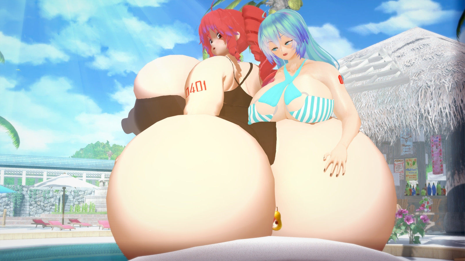 2girls, 3d, ahoge, alternate breast size, ass, bbw, big breasts, bikini, blue eyes, blue hair, breasts, chubby, crossover, day, drill hair, elchuniloco, fat, female, giant, giantess, hatsune miku, huge ass, huge breasts, huge butt, hyper ass, hyper breasts, kasane teto, koikatsu, lingerie, long hair, looking back, milf, multiple girls, nail polish, outdoors, palm tree, pearto, red eyes, red hair, sky, swimsuit, tall female, tattoo, twin drills, twintails, unrealistic proportions, vocaloid