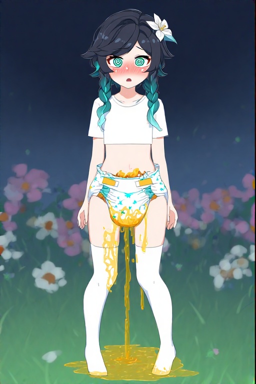 1boy ai_generated black_hair blush crop_top diaper diaper_fetish embarrassed exhibitionism femboy field genshin_impact gradient_hair green_eyes green_hair male night outdoors panicking pee_puddle peeing peeing_self shitting shitting_diaper shitting_self solo surprised thigh_highs urine venti_(genshin_impact) wetting wetting_diaper wetting_self wide_hips