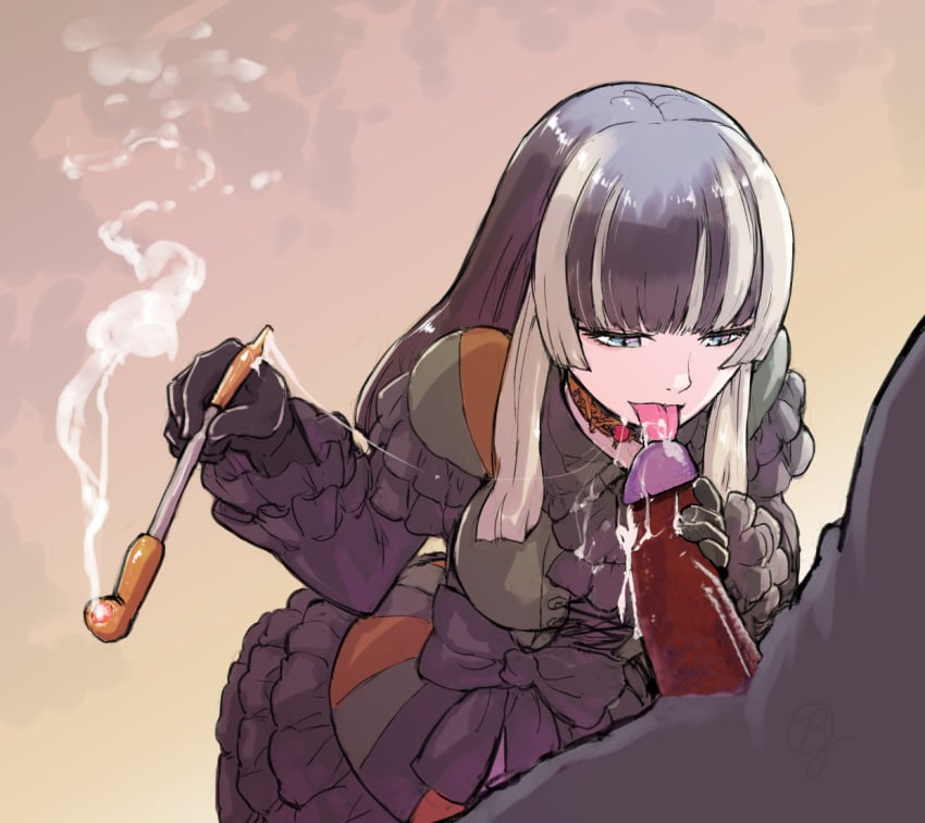 1boy, 1girls, big breasts, black hair, blue eyes, blush, breasts, clothed, clothed female nude male, cum, dark penis, dress, female, female focus, holding penis, hololive, hololive dev is, hololive regloss, juufuutei raden, licking cum, licking penis, long hair, male, penis, regloss, simple background, smoking, tongue, tongue out, uncensored, uncensored penis, virtual youtuber, yuki maccha (yukimattya10)
