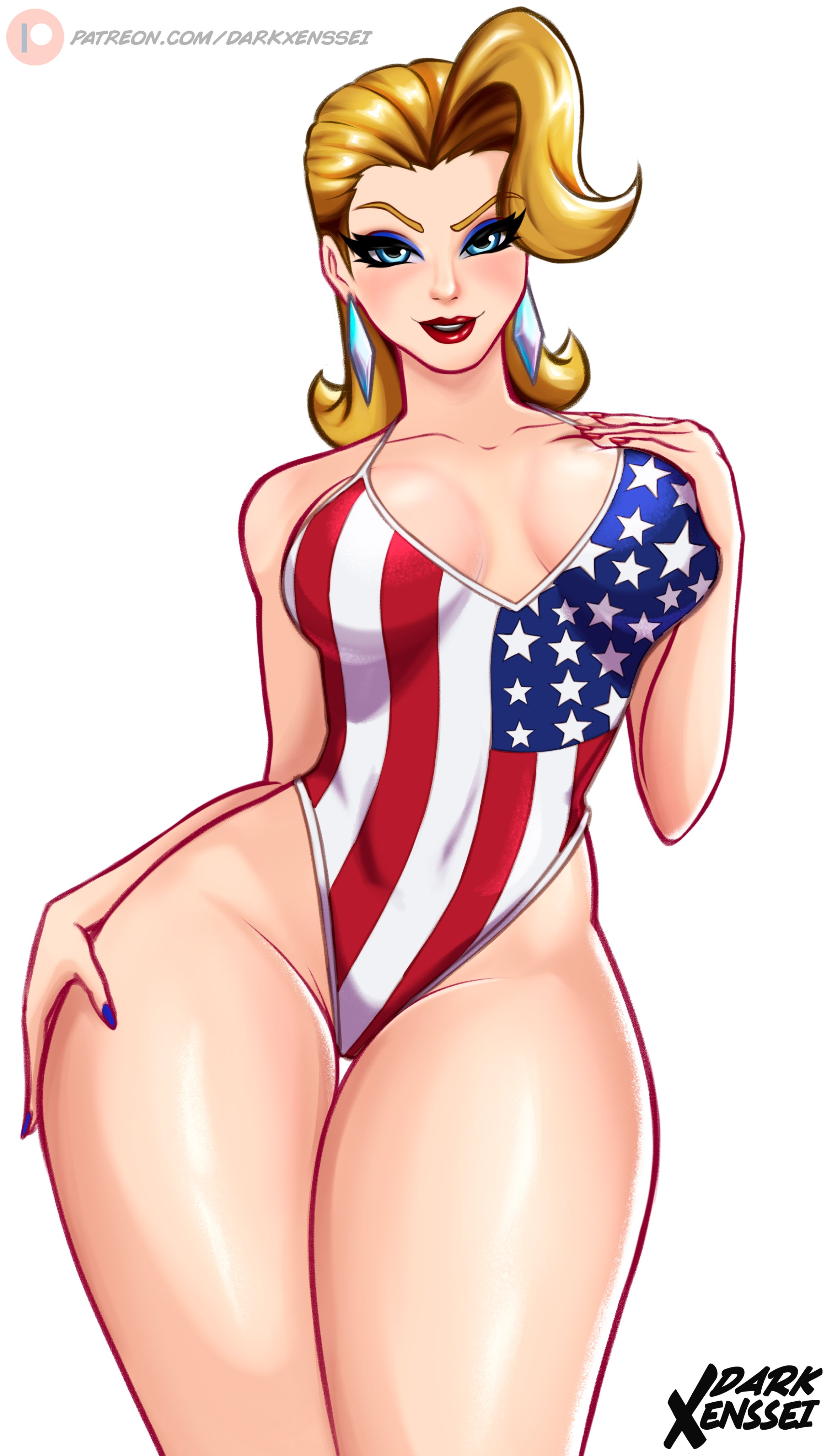 1girls, 2d, american flag swimsuit, bare legs, big breasts, blonde eyebrows, blonde female, blonde hair, blue eyes, blue eyeshadow, blue nails, breasts, clothed, darkxenssei, earrings, emma frost, emma frost (marvel rivals), eyebrows, eyelashes, eyeshadow, female, female focus, female only, large breasts, legs, leotard, light skin, light-skinned female, lipstick, looking at viewer, marvel, marvel comics, marvel rivals, mature, mature female, milf, one-piece swimsuit, red lipstick, slightly open mouth, solo, swimsuit, thick legs, thick thighs, thighs, wide hips
