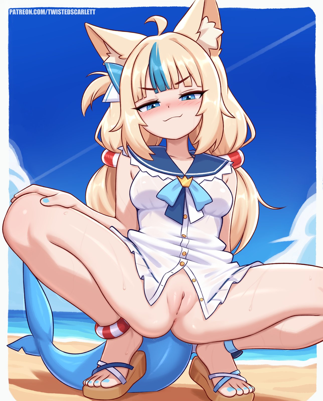 anklet, beach, blue eyes, bottomless, breasts, dripping, feet, female, fish, medium breasts, nail polish, petite, pussy, sameko saba, sandals, sweat, tail, thick thighs, thunder thighs, toenail polish, twistedscarlett60, uncensored, vagina, virtual youtuber, vtuber