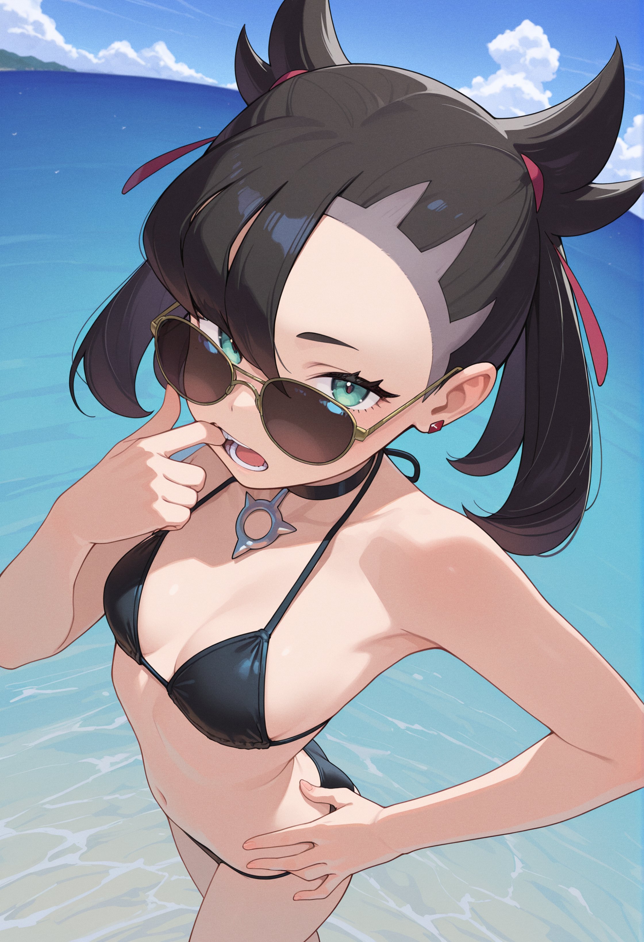 1girl, 1girls, ai generated, aqua eyes, asymmetrical bangs, asymmetrical hair, bangs, bare shoulders, beach, bikini, black bikini, black choker, black hair, black nails, black swimsuit, breasts, choker, collarbone, day, earrings, eyewear, female, hair ribbon, hand on hip, jewelry, long hair, looking at viewer, looking over eyewear, looking over sunglasses, marnie (pokemon), medium hair, navel, nintendo, ocean, open mouth, outdoors, owari wan, pokemon, pokemon ss, red ribbon, ribbon, small breasts, solo, sunglasses, swimsuit, tagme, tinted eyewear, twintails, water