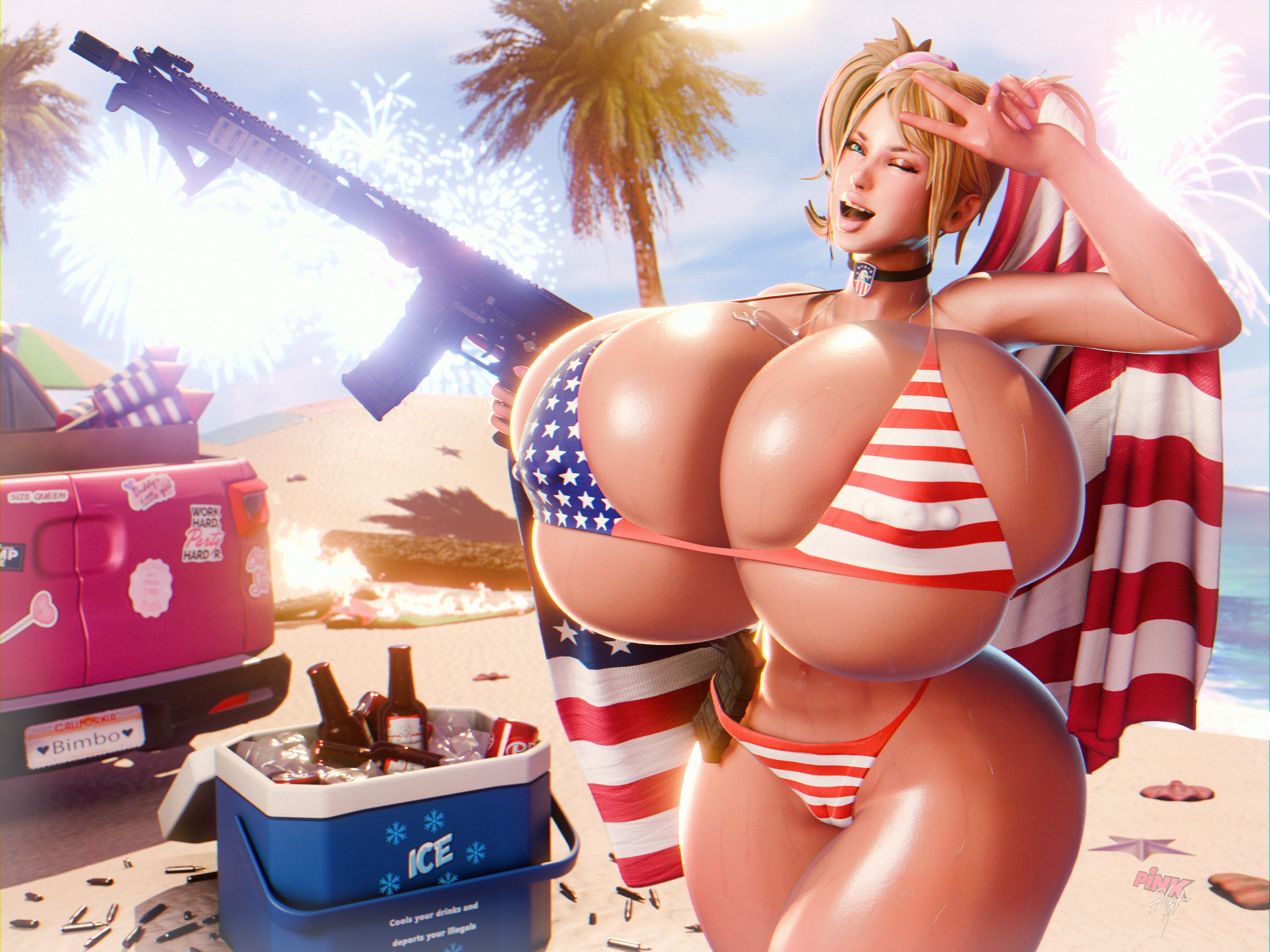 1girls, 3d, 3d (artwork), 4th of july, american flag, american flag bikini, beer, big breasts, bikini, bikini bottom, bikini top, blonde female, blonde hair, breasts, breasts bigger than head, breasts bigger than torso, female, female focus, female only, fireworks, giant breasts, giant tits, gigantic breasts, gigantic tits, gun, huge breasts, juliet starling, large breasts, large tits, lollipop chainsaw, massive breasts, massive tits, pinksloot, solo, solo female, solo focus, tagme, thong bikini