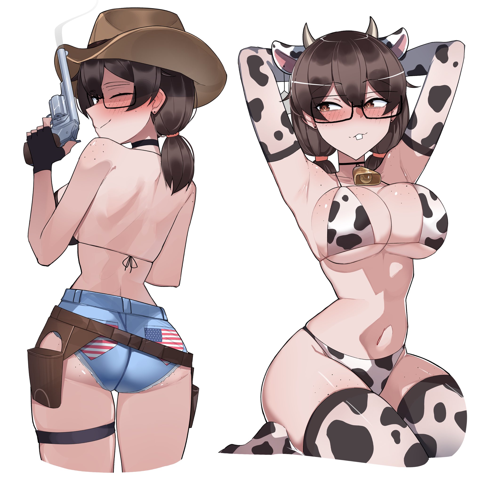 1girls, ass, ass hanging out, ass hanging out of shorts, booty shorts, breasts, brown eyes, brown hair, buckteeth, cow print, female, female only, freckles, freckles on breasts, freckles on face, freckles on shoulders, glasses, heart, hi res, light skin, light-skinned female, nerd, nerd emoji, nerdy female, original, short shorts, shorts, sideboob, solo, solo female, stephanie (ti keep), ti keep, white background