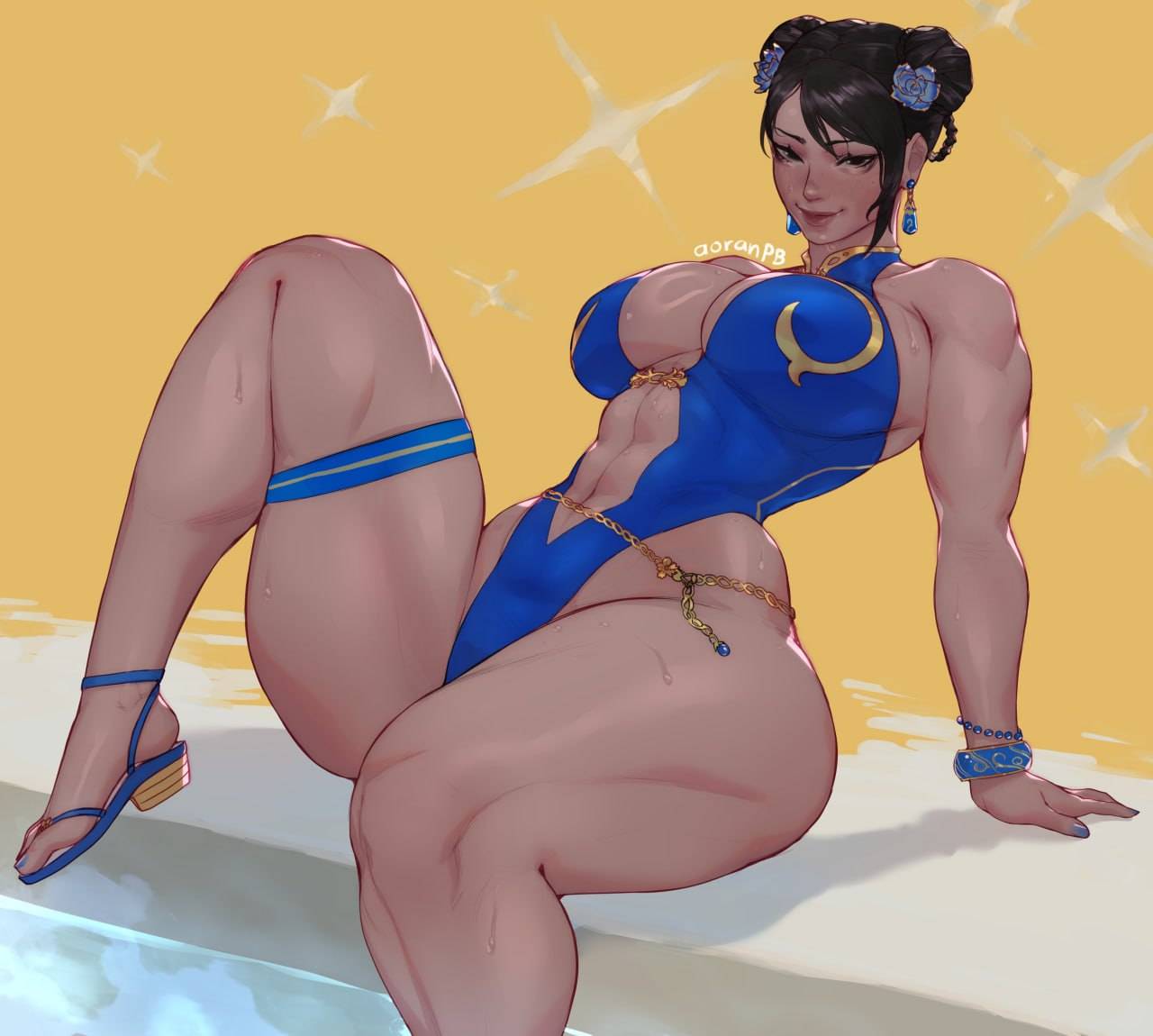 1girls, abs, aoran p.b., aoranpb, belly chain, big breasts, blue one-piece swimsuit, bracelet, bracelets, breasts, capcom, chun-li, chun-li (street fighter 6), curvy, double bun, earrings, female, hair bun, huge breasts, jewelry, leotard, muscular, muscular female, one-piece swimsuit, pool, poolside, sitting, smile, street fighter, street fighter 6, tagme, thick thighs, thigh strap, thighs, twitter link, twitter username, voluptuous, wide hips