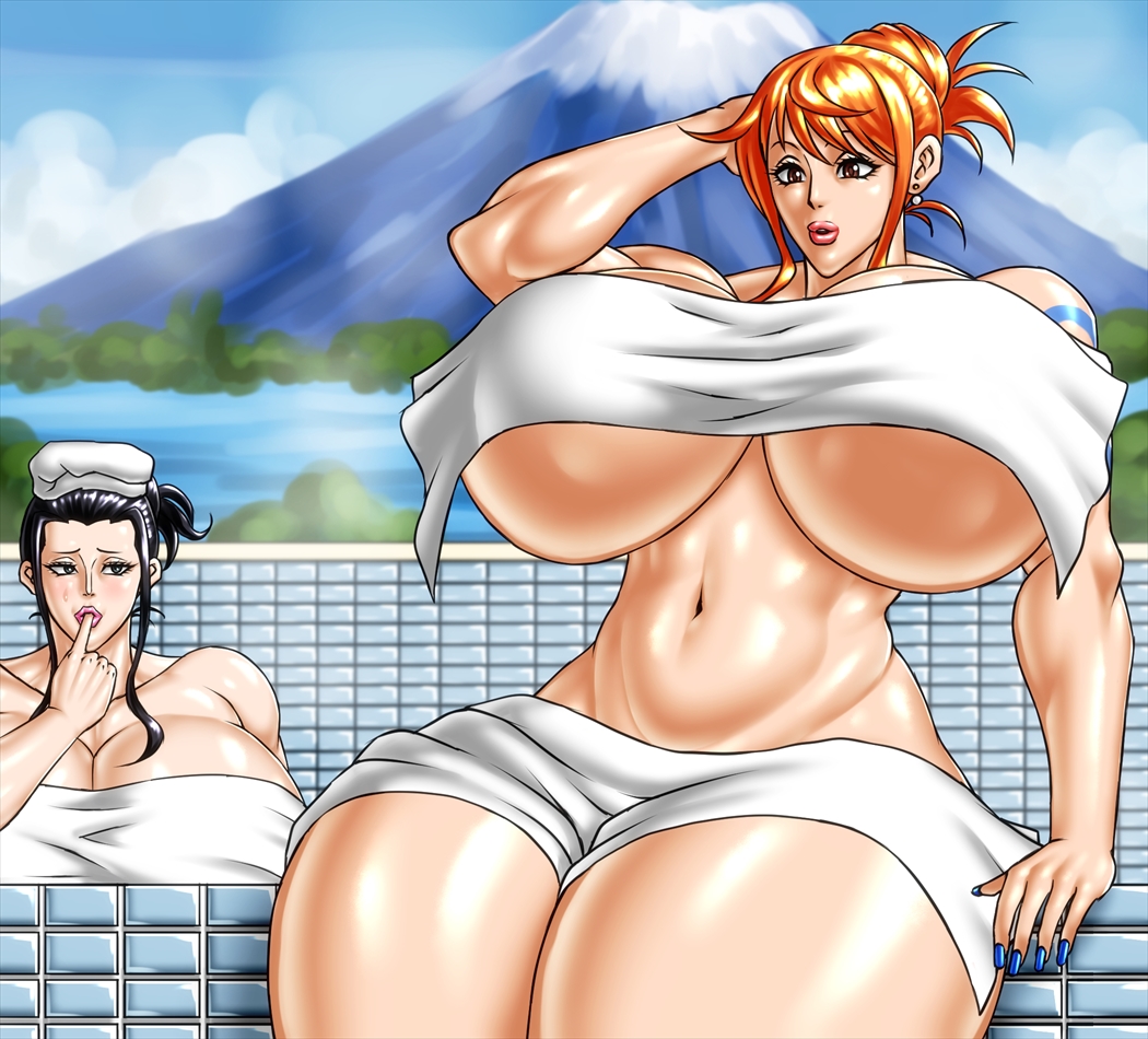 2girls, bare shoulders, bathhouse, big breasts, black hair, blue eyes, blush, breasts, breasts bigger than head, brown hair, busty, cleavage, closed eyes, curvy, detailed background, duo, ear piercing, earrings, eyelashes, female, female only, front view, hair bun, hourglass figure, huge breasts, human, indoor, inside, lipstick, long hair, looking down, makeup, midriff, multiple females, multiple girls, muscles, muscular, muscular female, nail polish, nami (one piece), negoto (nego6), nico robin, onami, one piece, onsen, open mouth, orange hair, orobi, piercing, pink lipstick, pose, posing, post-timeskip, room, shiny, shiny skin, short hair, sitting, tattoo, thick thighs, tied hair, towel, underboob, voluptuous, wano country, wide hips, yuri