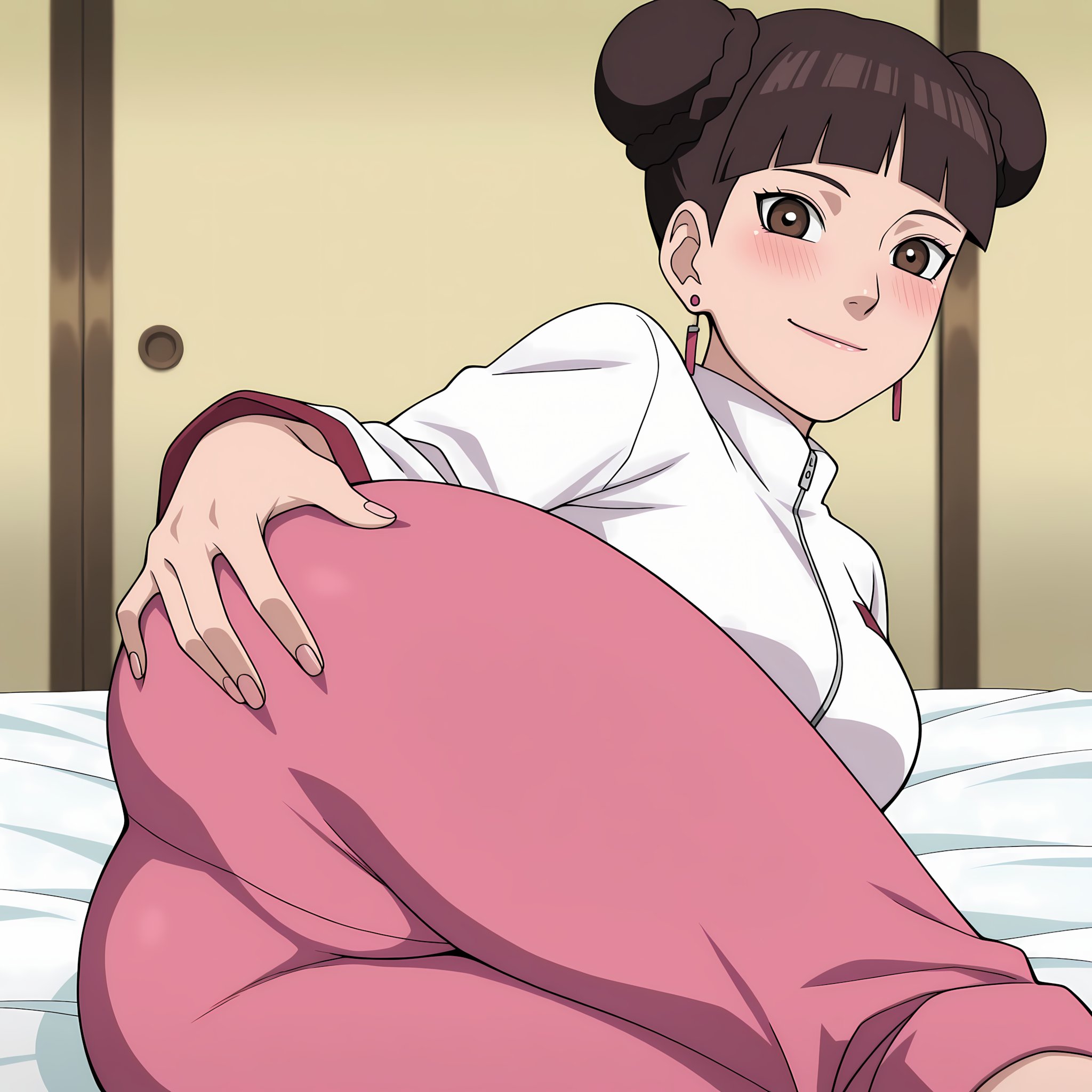 1girls, ai generated, ass, blunt bangs, boruto: naruto next generations, brown eyes, brown hair, bubble ass, bubble butt, chinese clothes, double bun, earrings, female, from behind, grin, inviting to sex, looking at viewer, looking back, looking back at viewer, lying on bed, lying on side, mature, mature female, milf, mooning, narugirlshot, naruto, naruto (series), naughty, naughty face, naughty smile, pants, presenting, presenting ass, pussy, round ass, shirt, sole female, sweat, tenten, tied hair, twin buns, uncensored, viewed from behind