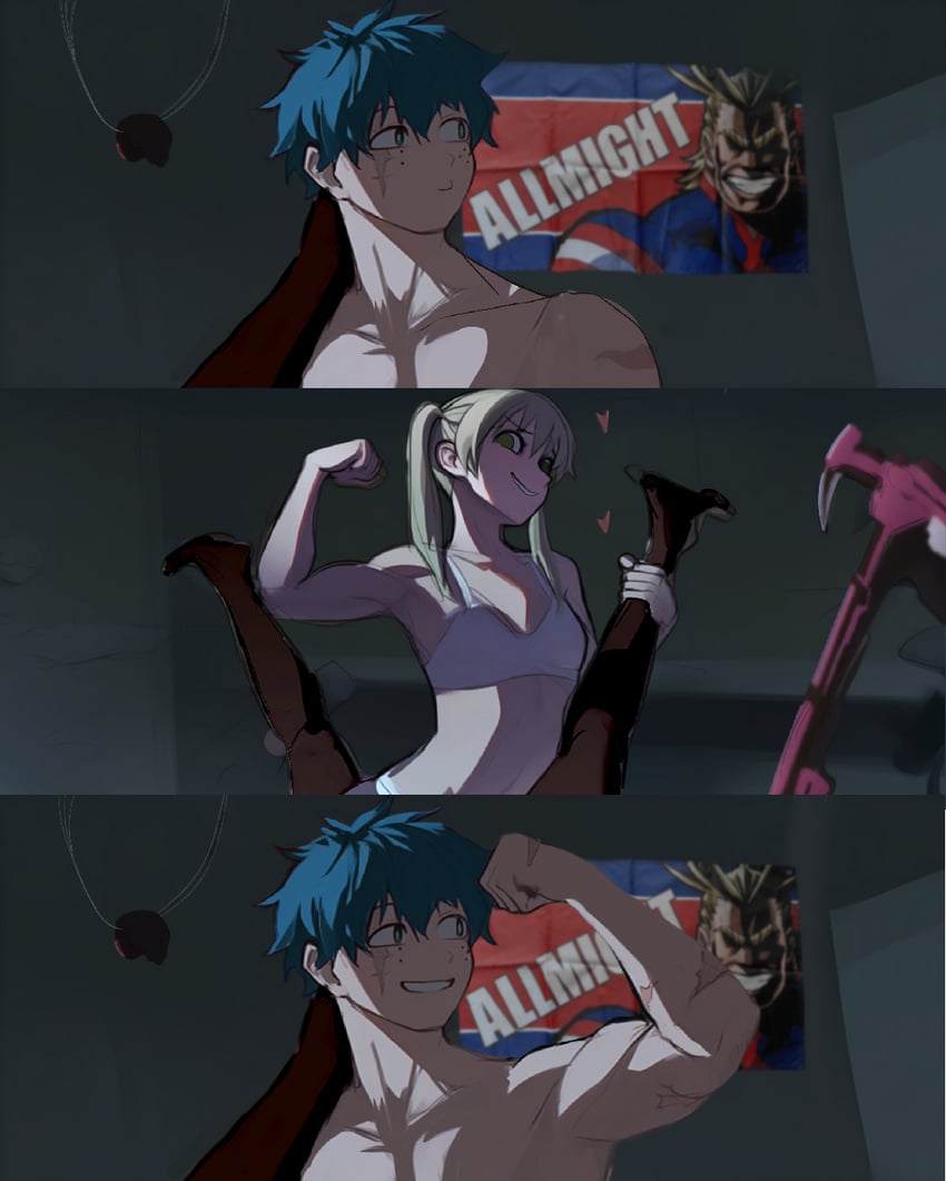 2boys, 2girls, all might, american psycho (meme), artist request, crossover, death battle, female, gay, gay male, interracial, interracial yaoi, izuku midoriya, maka albarn, male, marvel, marvel comics, meme, miles morales, my hero academia, ruby rose, rwby, soul eater, toshinori yagi, yaoi, yuri