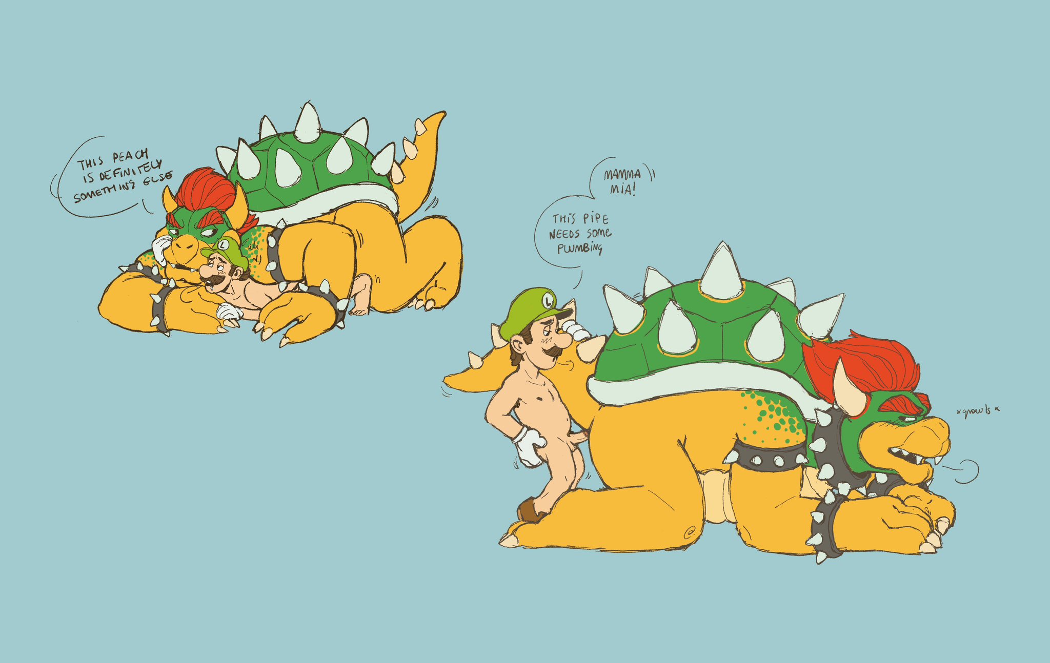 anal, anal sex, bigger penetrated, bowser, gay, gay sex, illumination entertainment, luigi, male, male only, male/male, mario (series), milkycoffee jpg, muscular, muscular bottom, nintendo, size difference, small dom big sub, small top, small top big bottom, smaller penetrating, smaller penetrating bigger, smaller top and beefy bottom, super mario bros., super mario bros. (2023 film), twink top, twink topping daddy, universal pictures, universal studios
