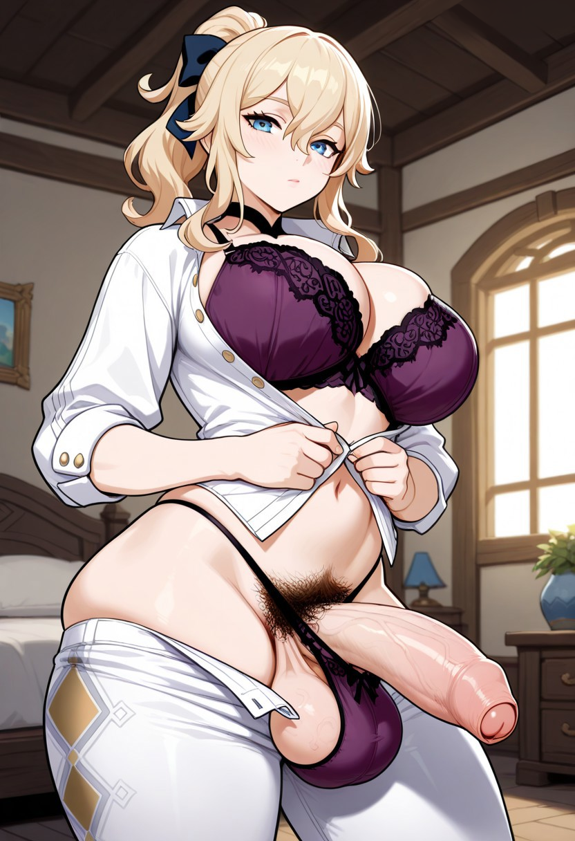 1futa, 2d, ai generated, balls, balls in panties, big breasts, bra, breasts, cleavage, erect penis, erection, foreskin, futa only, futanari, genshin impact, hairy, hoyoverse, intersex, jean gunnhildr, lace, looking at viewer, maos, mihoyo, ornate clothing, panties, pants, pants down, penis, poker face, pubic hair, purple lingerie, tagme, unbuttoned, unbuttoning shirt, uncircumcised, undressing, veiny penis
